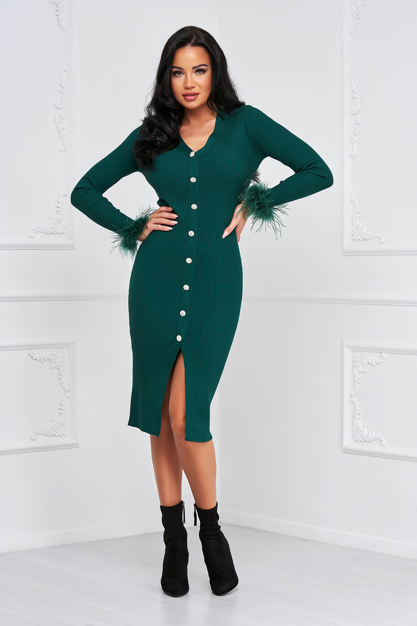 Darkgreen dress knitted midi feather details from striped fabric pencil