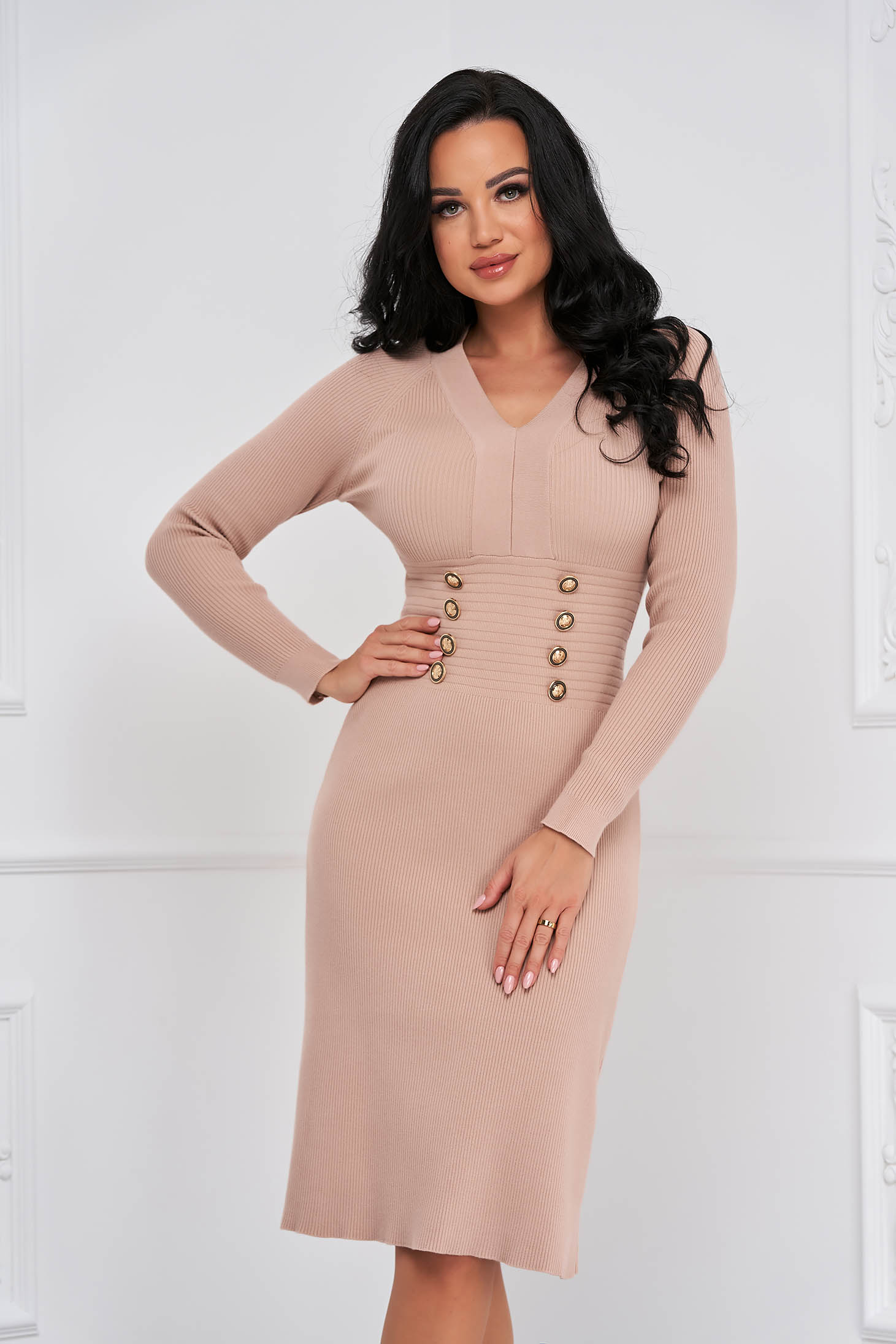 Nude dress knitted pencil with button accessories