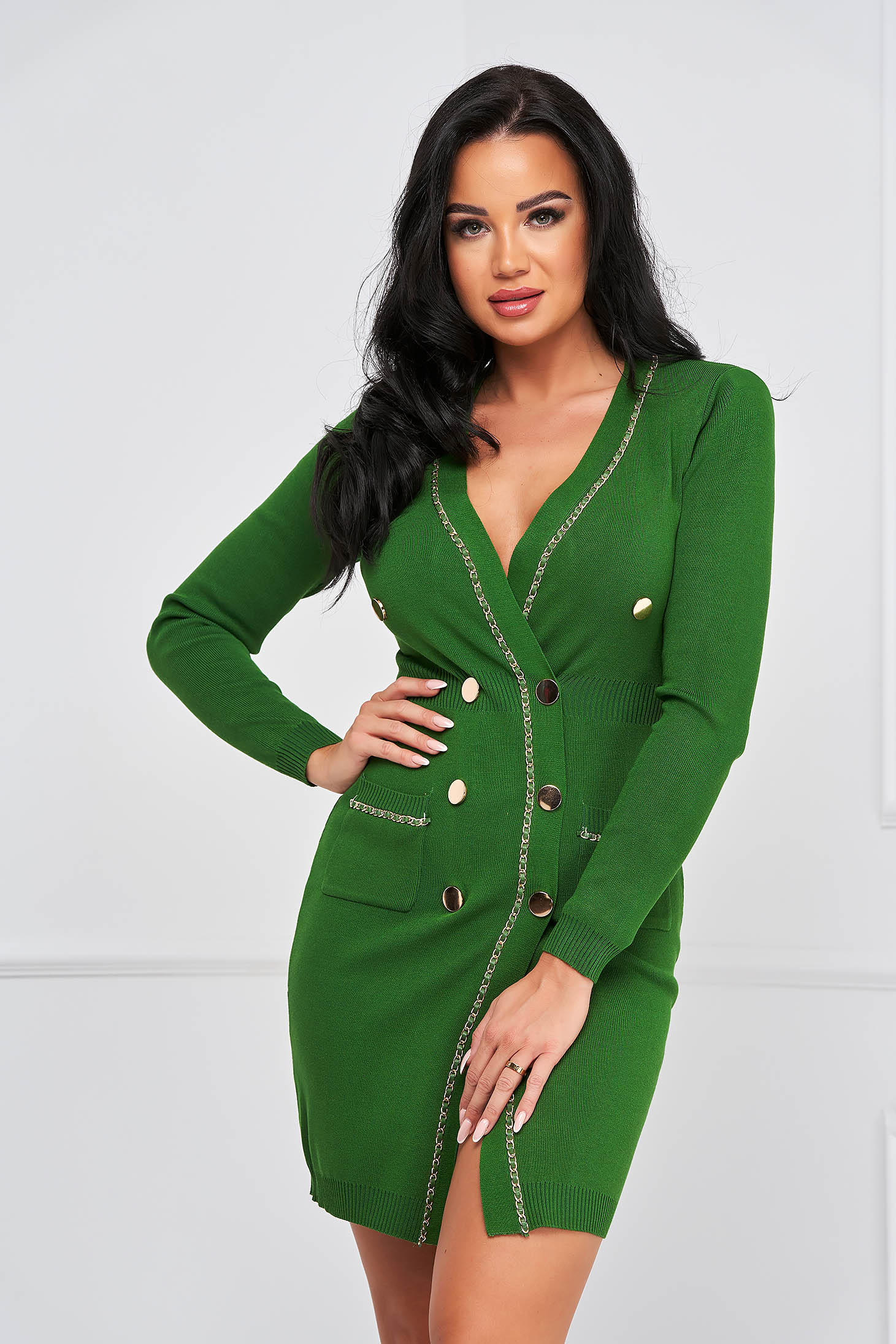 Green dress knitted midi pencil with padded shoulders with pockets