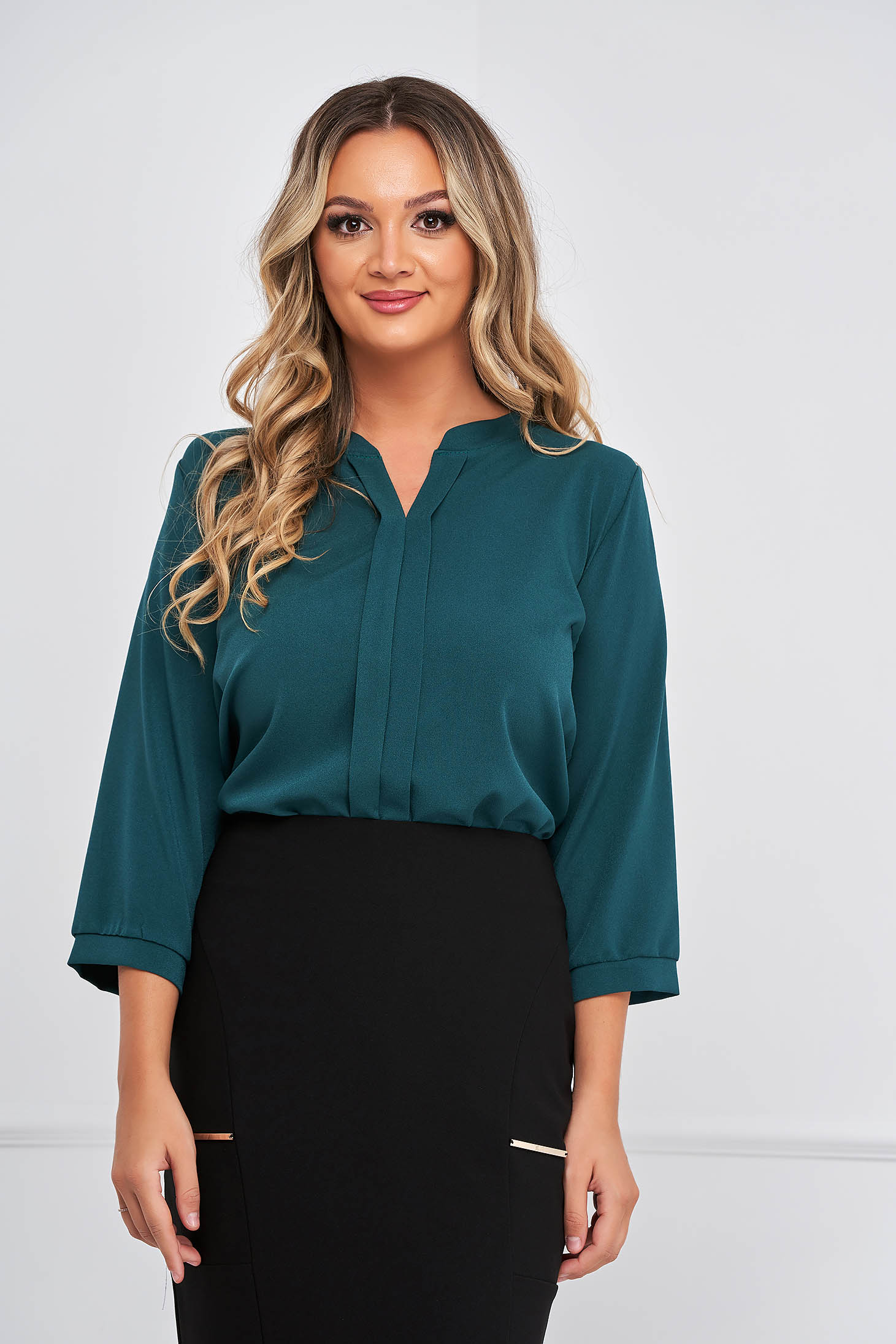 Green women`s blouse georgette loose fit with v-neckline