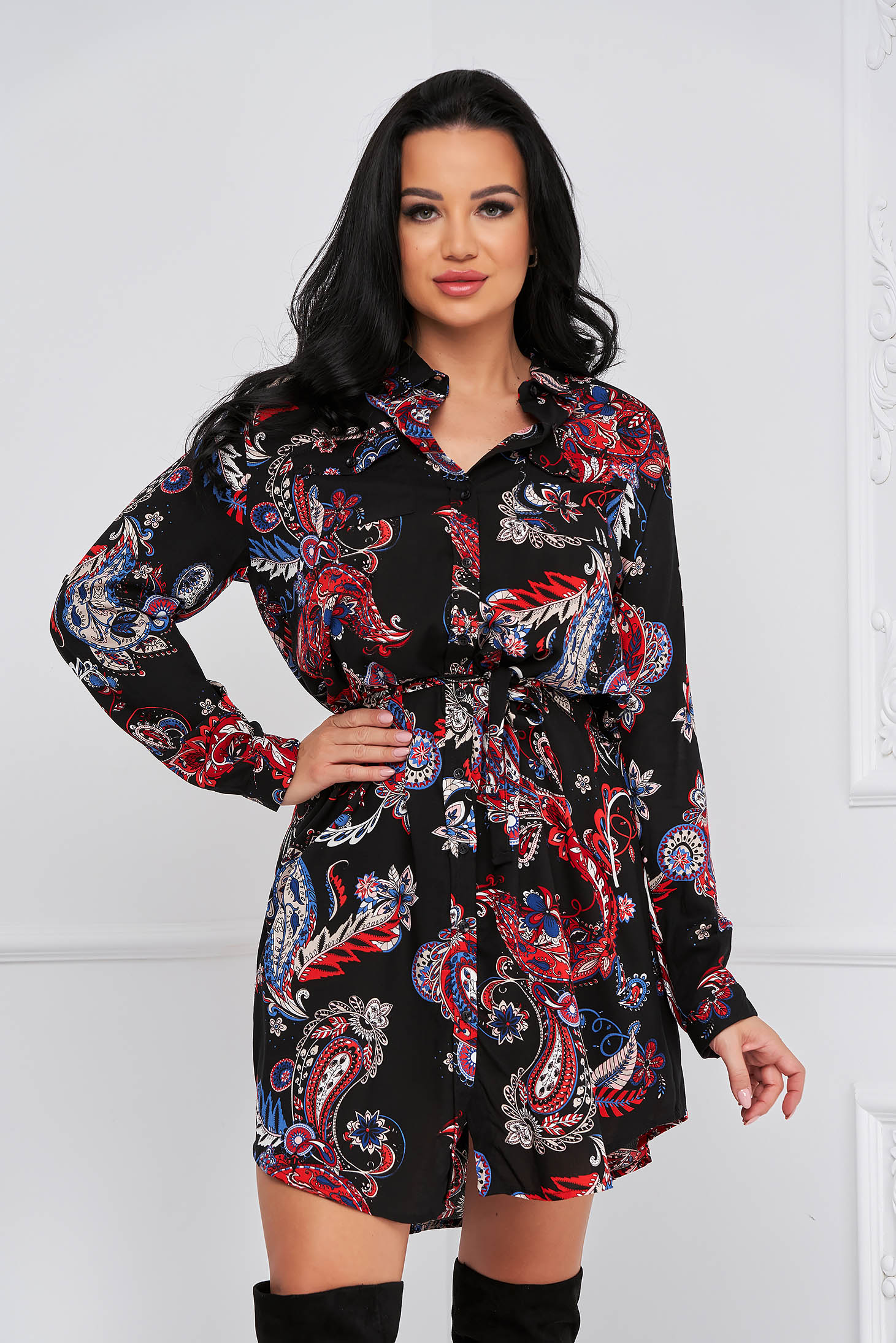 Rochie tip camasa din georgette cu croi larg si cordon detasabil - SunShine