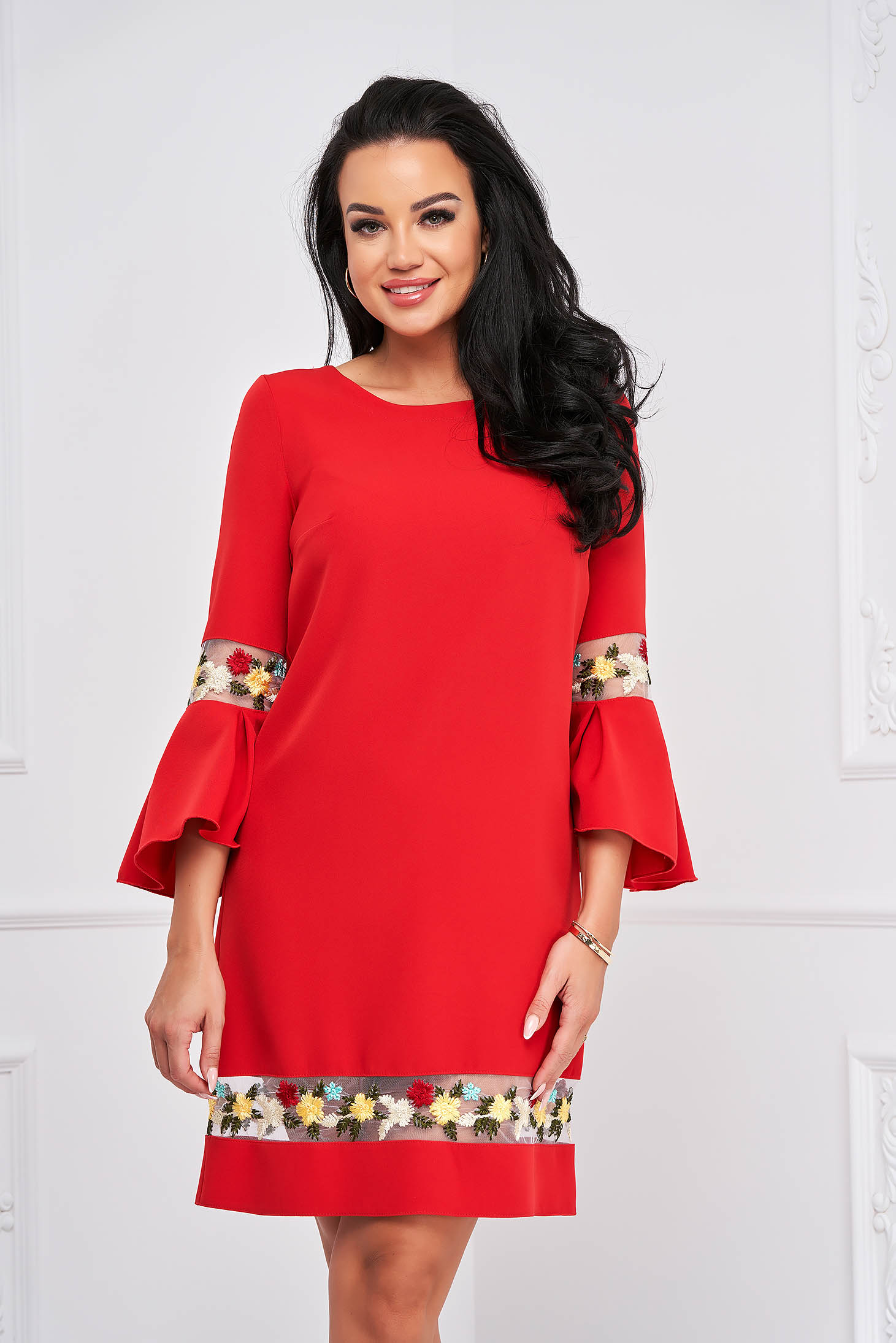 StarShinerS red dress elastic cloth straight with bell sleeve