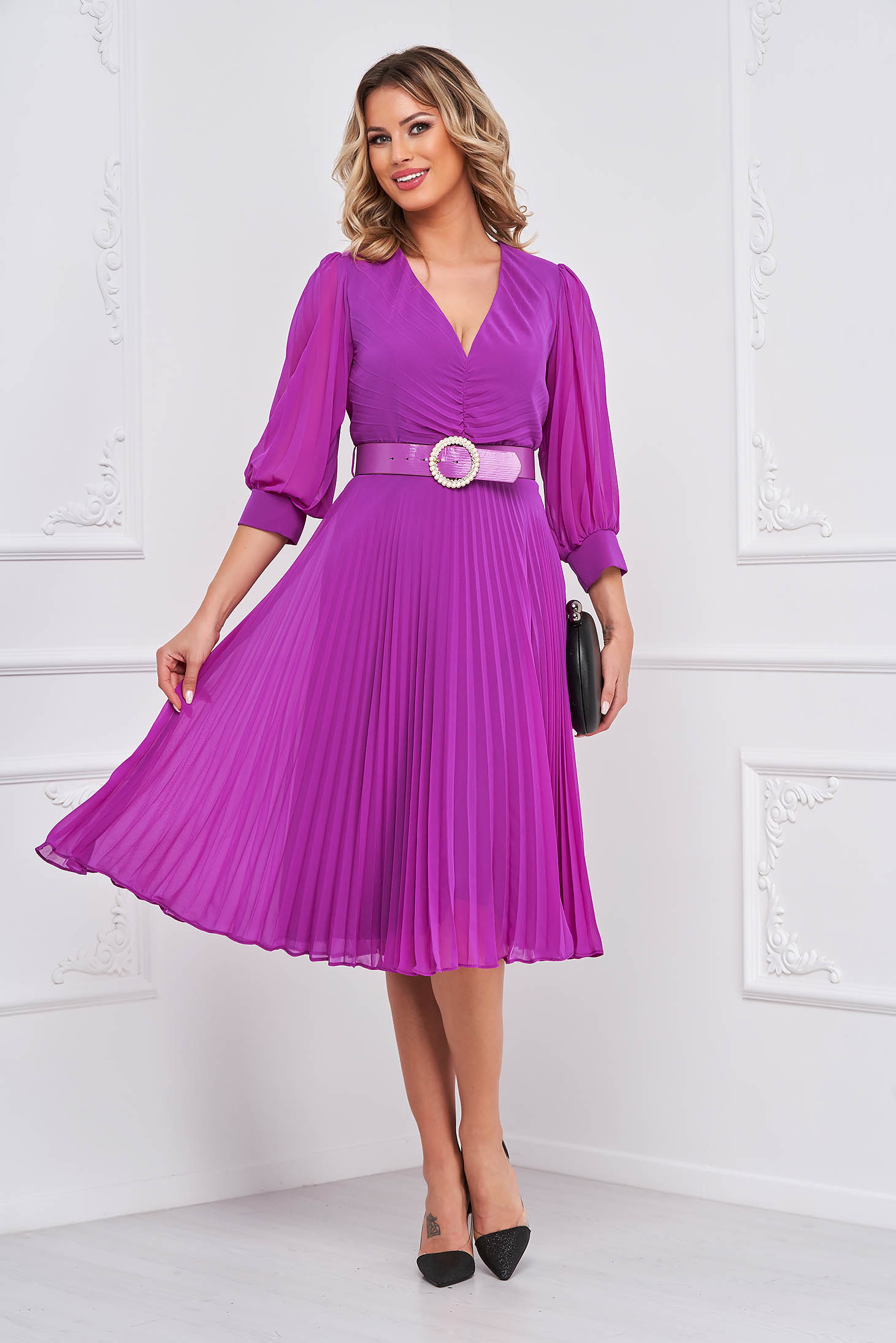 Fuchsia dress pleated from veil fabric midi cloche accessorized with belt