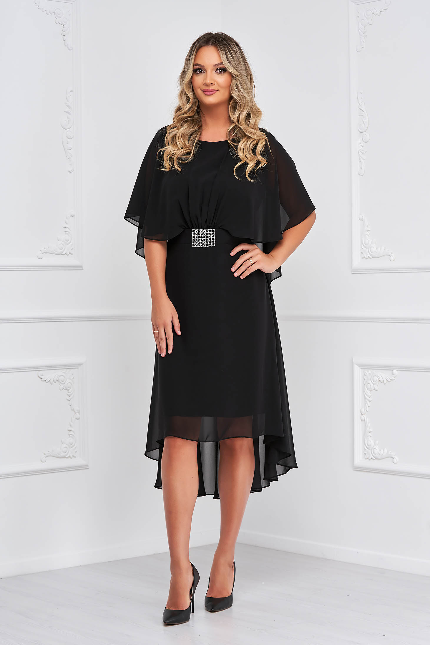 Black dress from veil fabric midi asymmetrical cloche with butterfly sleeves