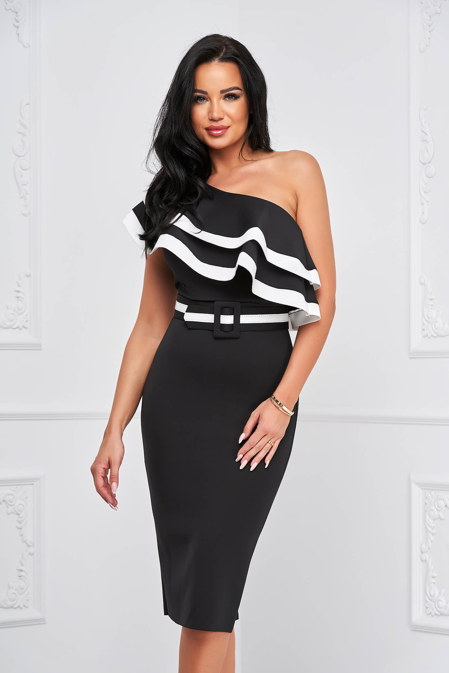 Black dress pencil one shoulder with ruffle details