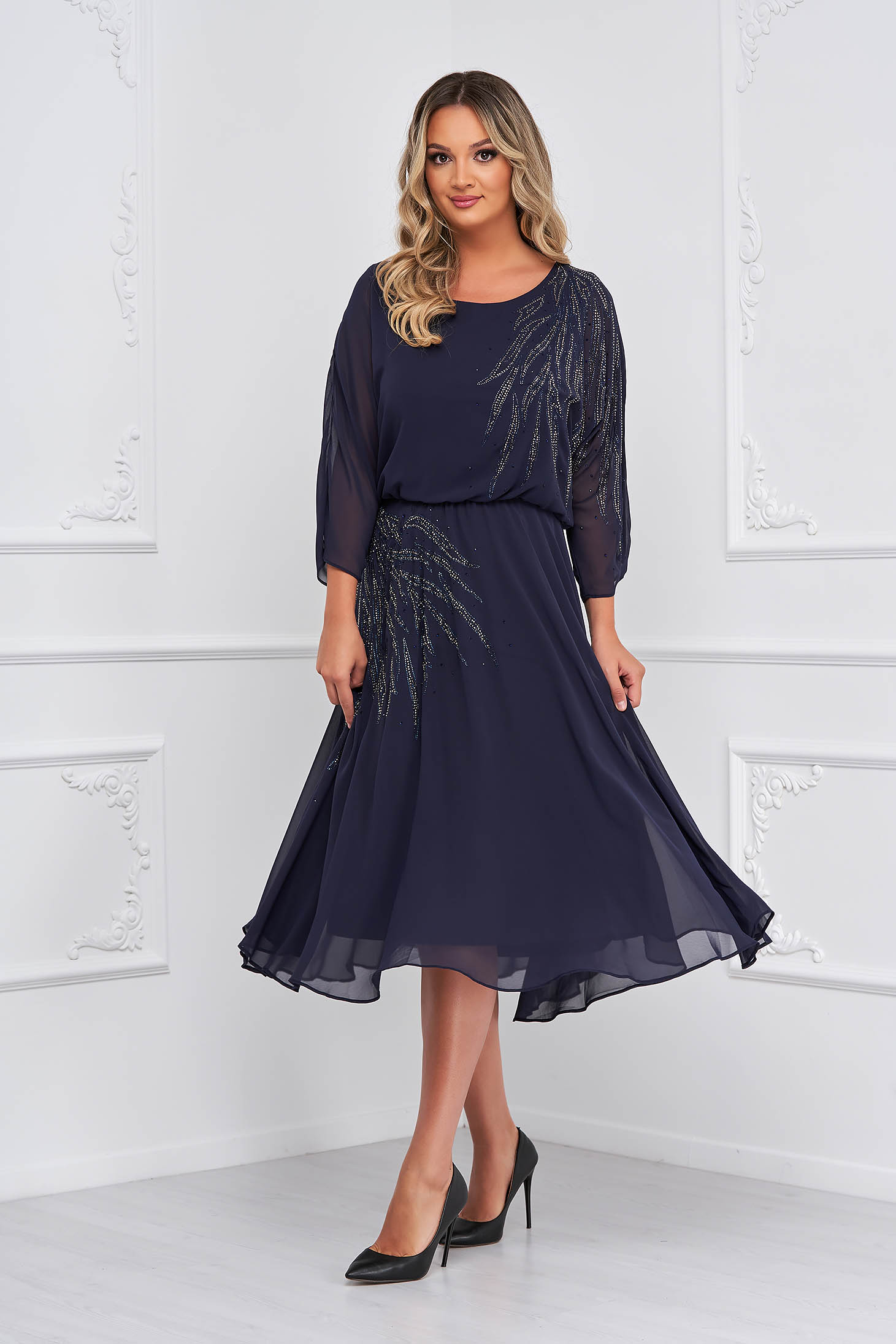 Darkblue dress from veil fabric cloche with elastic waist midi with crystal embellished details