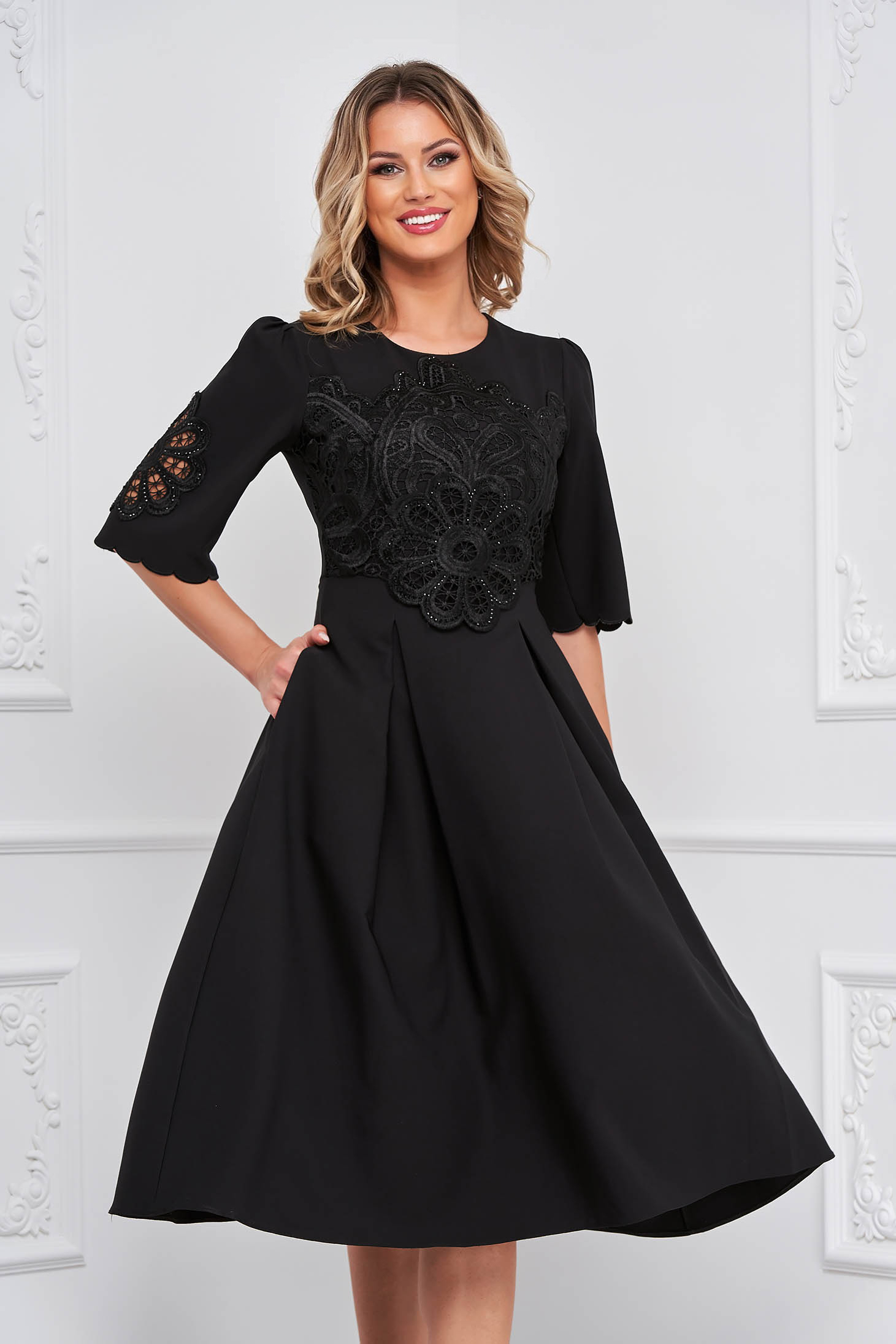 Black dress elastic cloth midi cloche with embroidery details with crystal embellished details