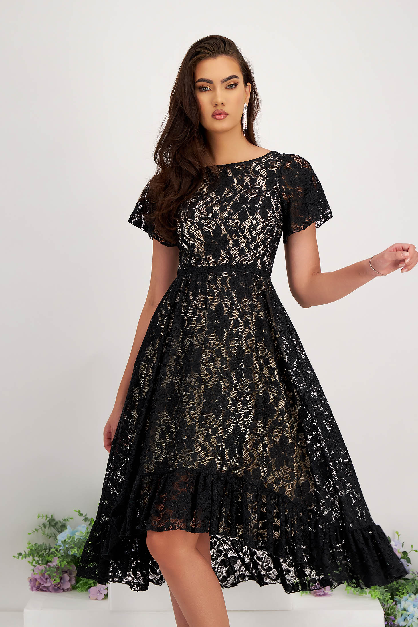 Black dress midi asymmetrical cloche laced with butterfly sleeves - StarShinerS