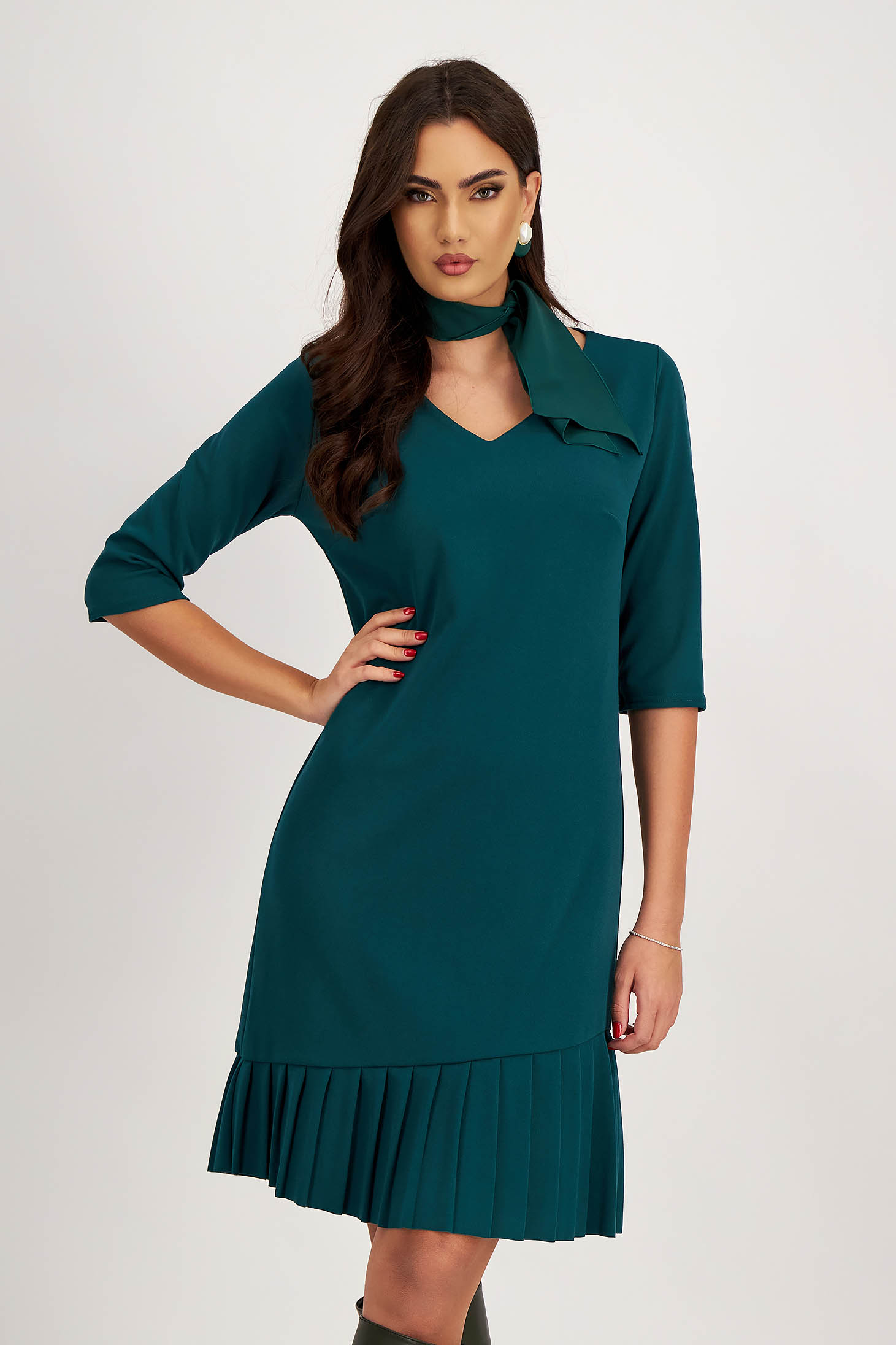 Dark Green Crepe Dress with Straight Cut and Pleated Ruffle - Lady Pandora