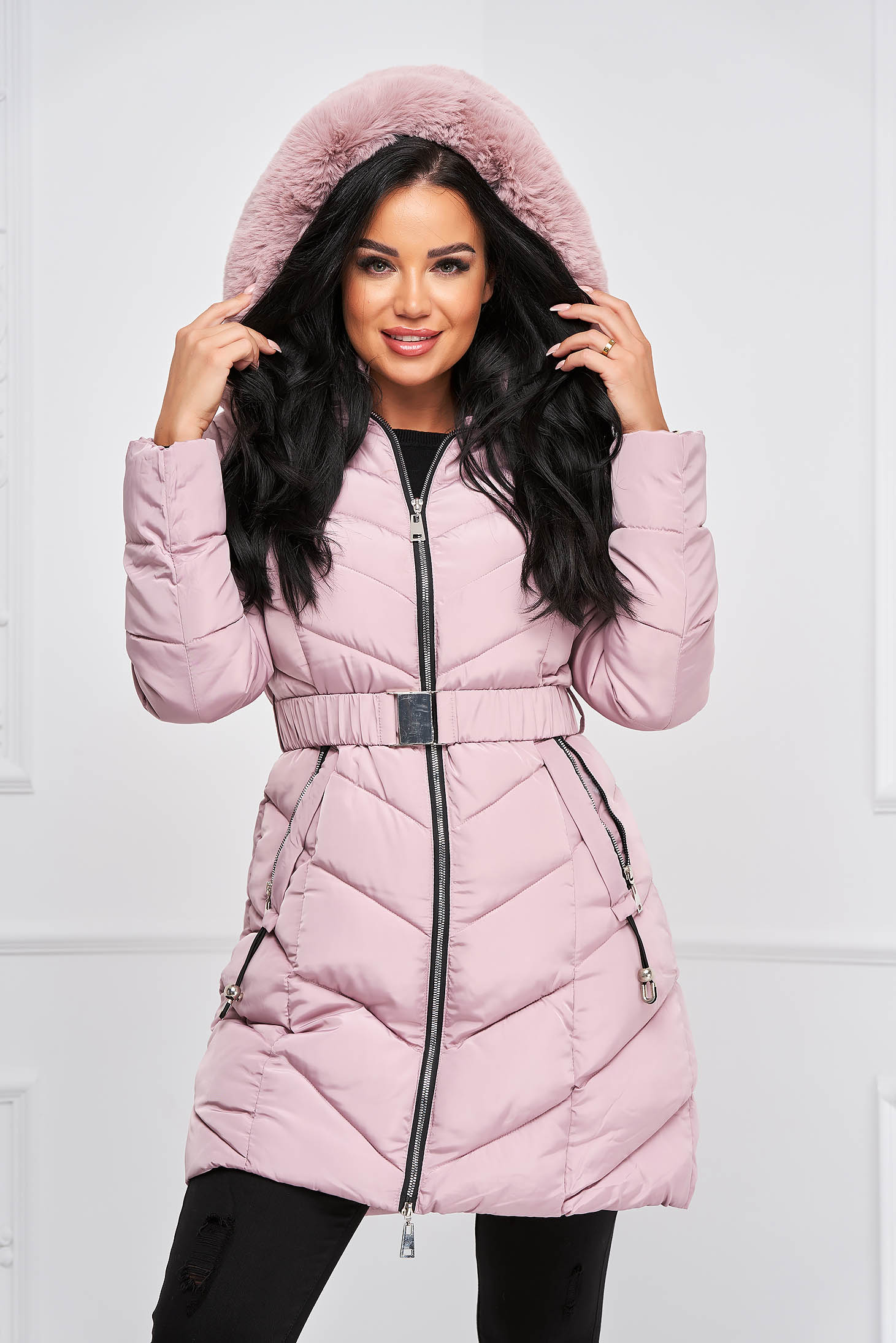 Lightpink jacket from slicker midi detachable hood with faux fur accessory