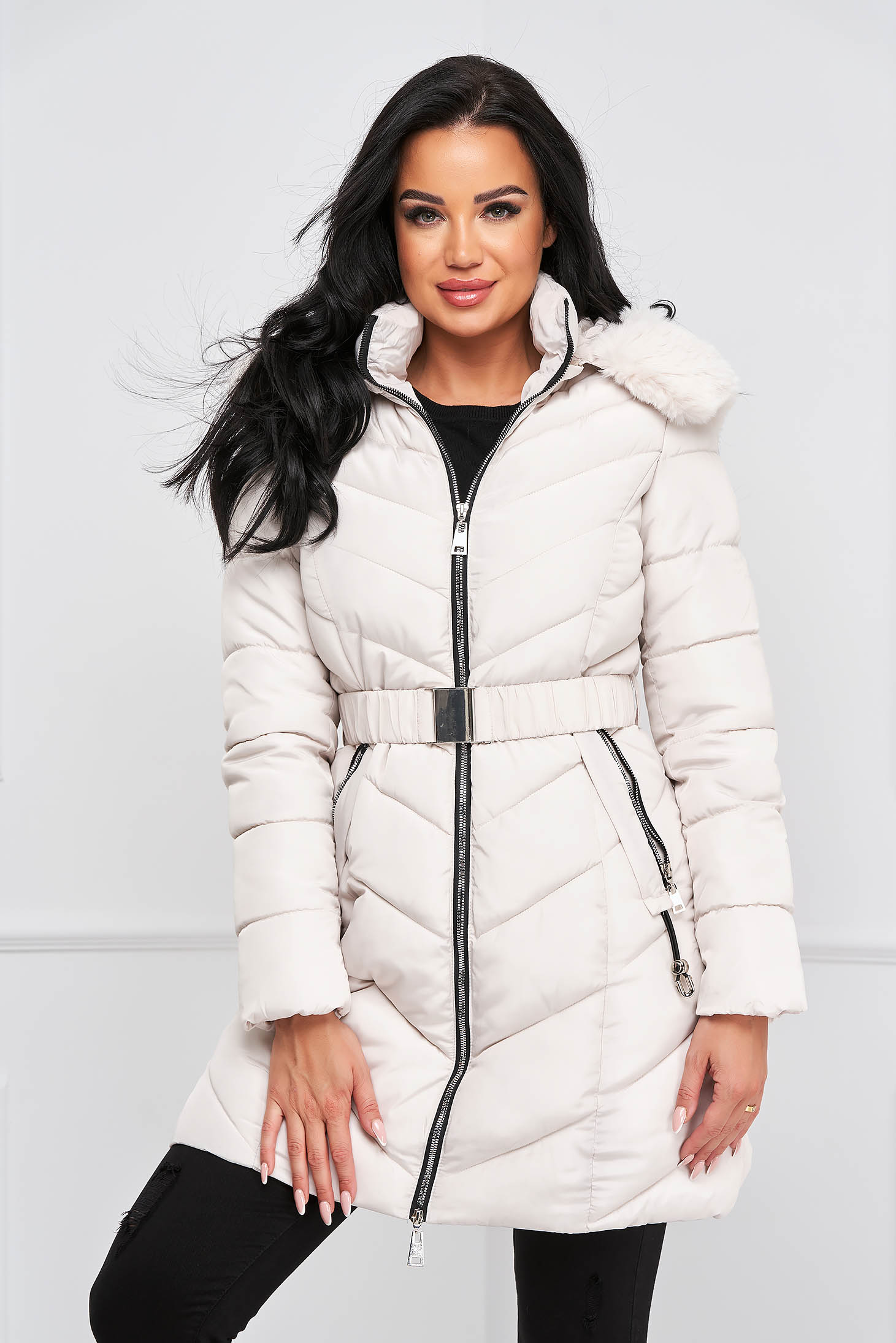 Cream jacket from slicker midi detachable hood with faux fur accessory