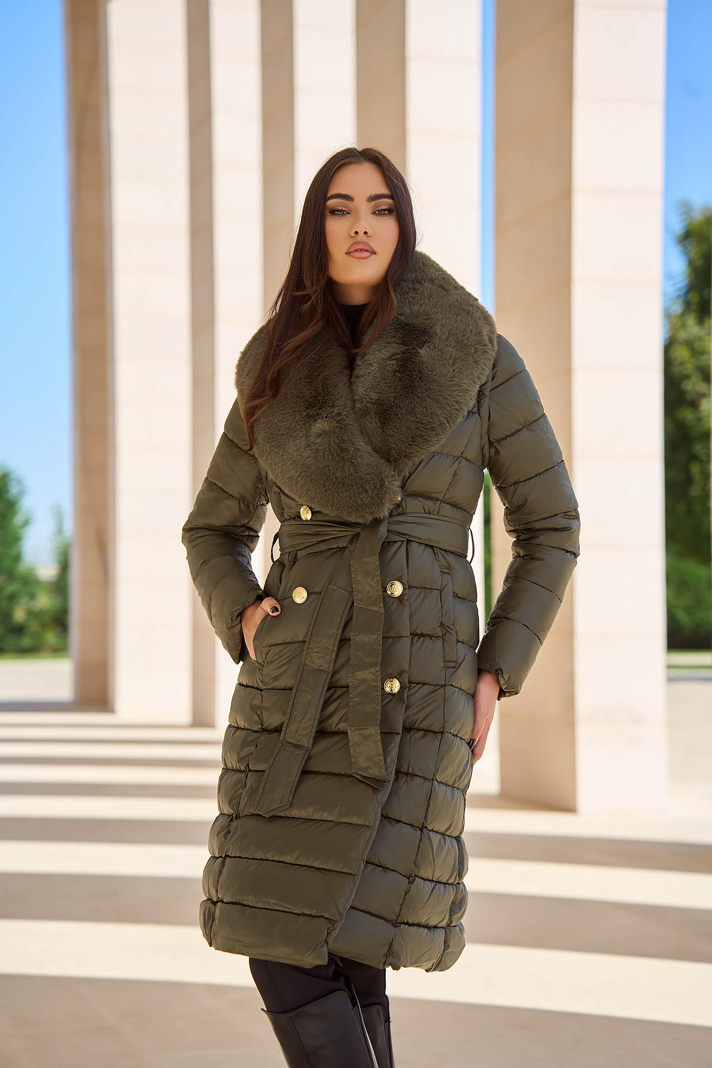 Khaki dámská bunda přes koleno 1 - StarShinerS.cz