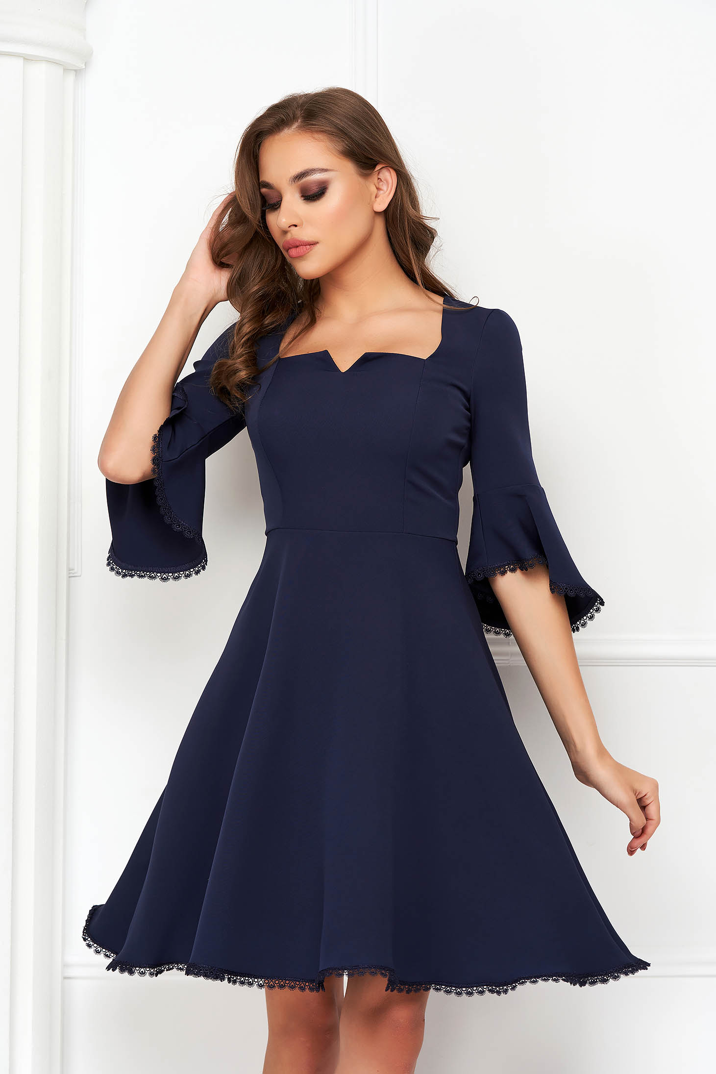 Navy Blue Elastic Fabric Dress in A-line with Ruffles on the Sleeve - StarShinerS 1 - StarShinerS.com