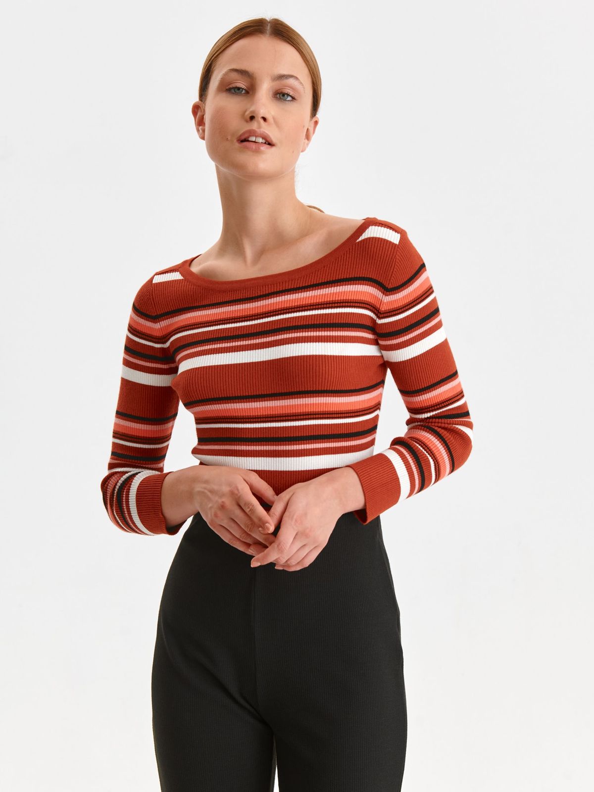 Red sweater from striped fabric with stripes