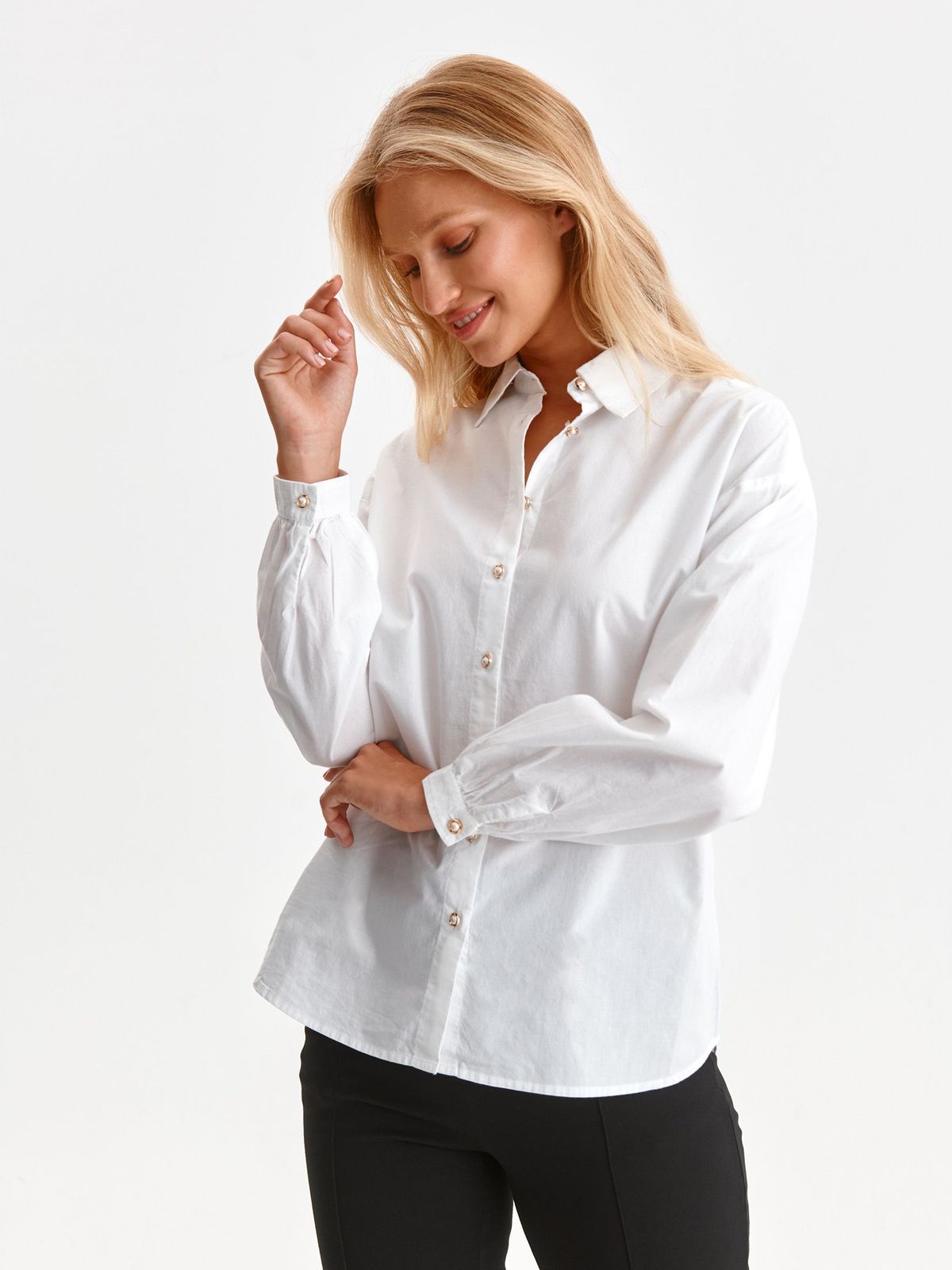 White women`s shirt cotton closure with gold buttons