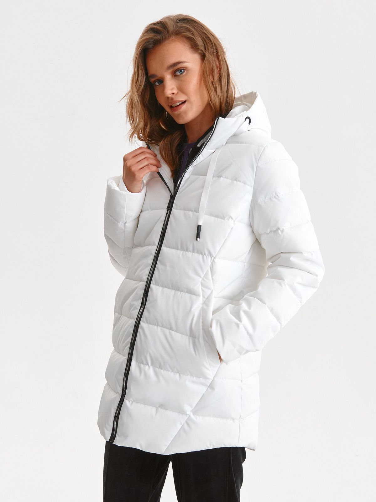 White jacket from slicker midi loose fit the jacket has hood and pockets