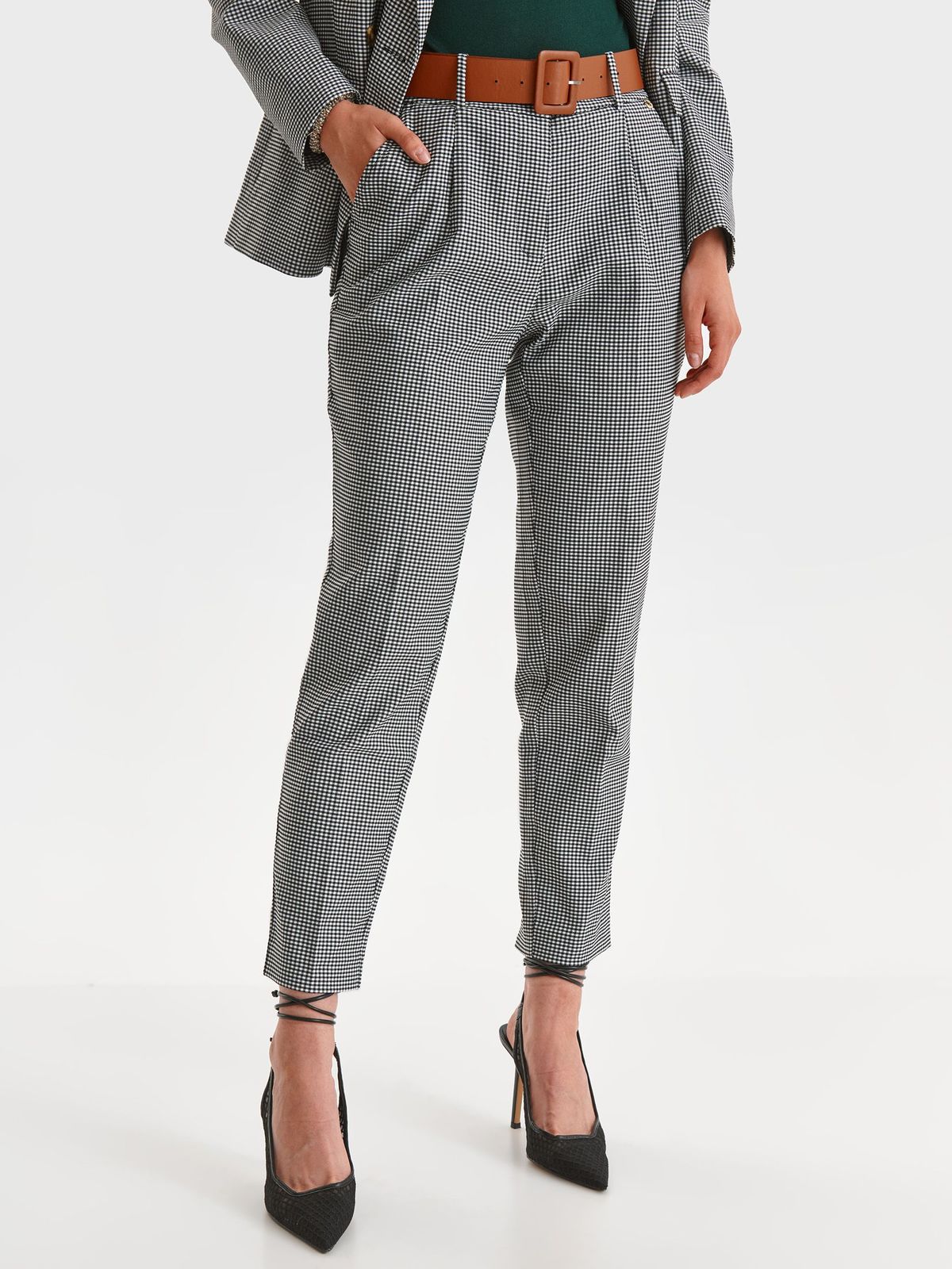 Pantaloni din stofa elastica gri in carouri cu buzunare - Top Secret