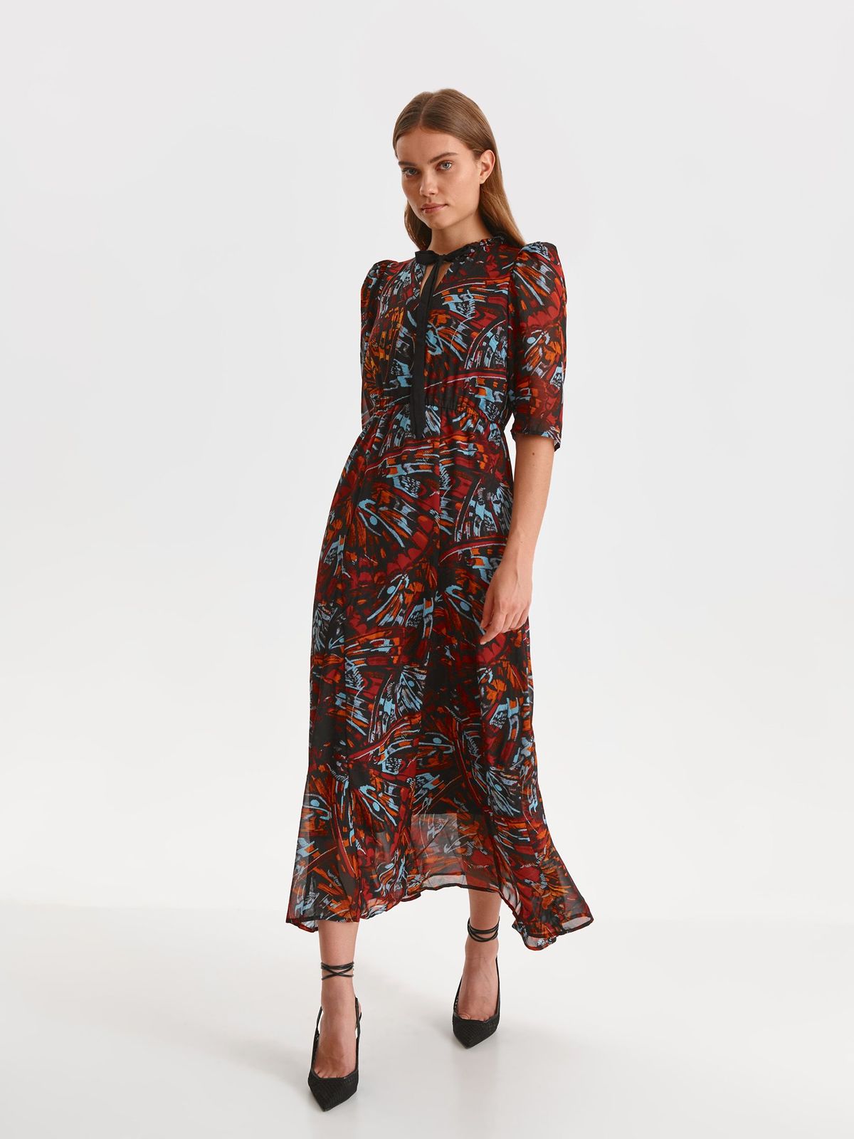 Rochie din georgette in clos cu elastic in talie si umeri cu volum - Top Secret