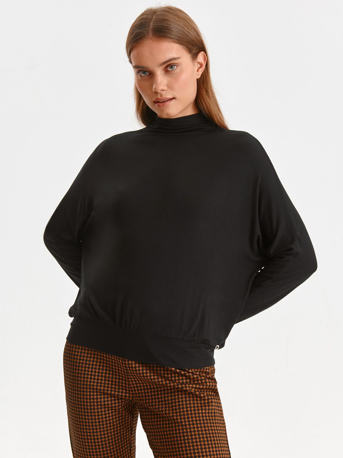 Black women`s blouse loose fit with turtle neck from elastic fabric