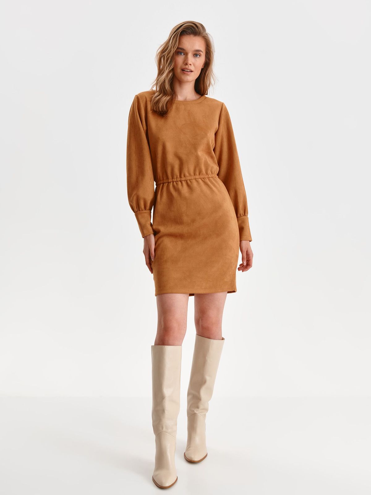 Lightbrown dress from ecological leather pencil long sleeved