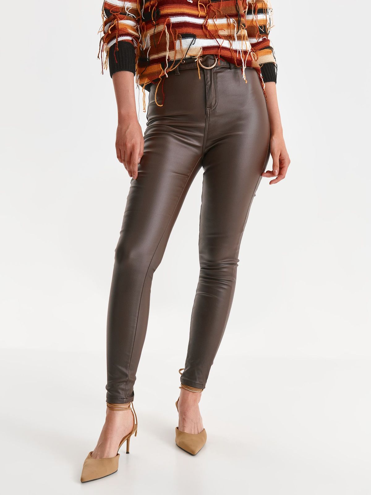 Pantaloni din piele ecologica maro lungi conici - Top Secret