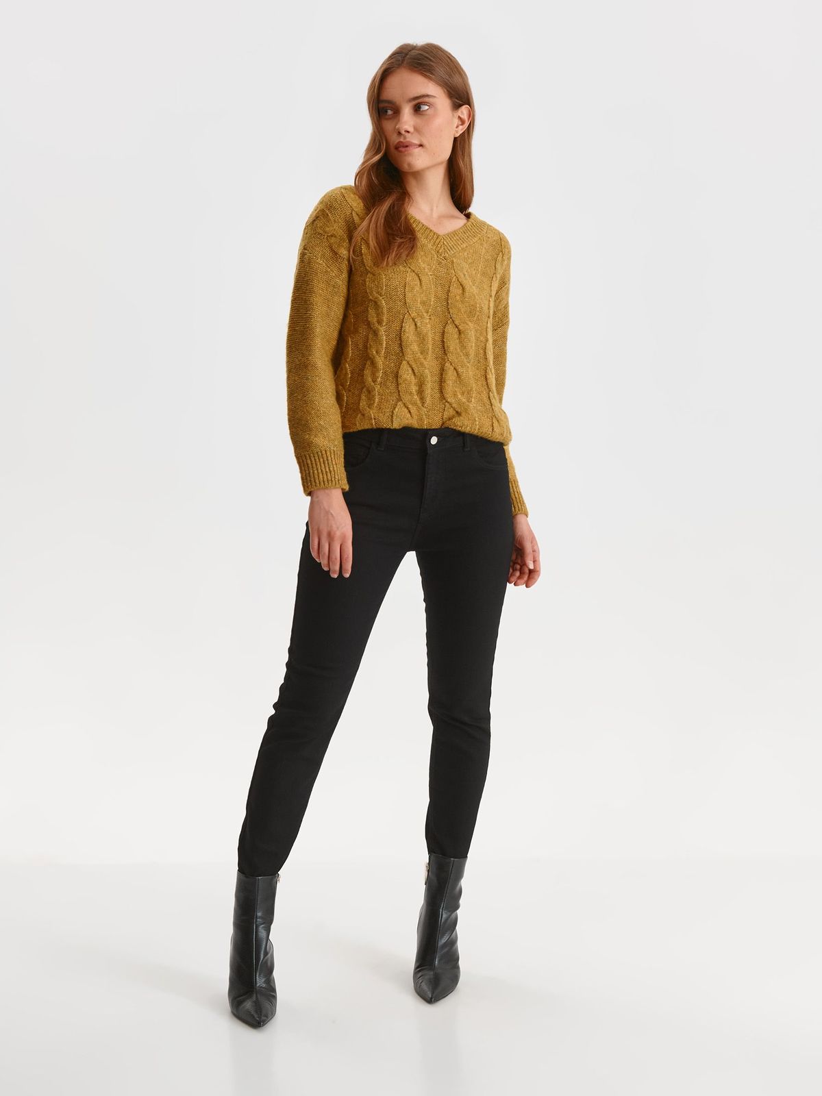 Yellow sweater knitted with v-neckline loose fit