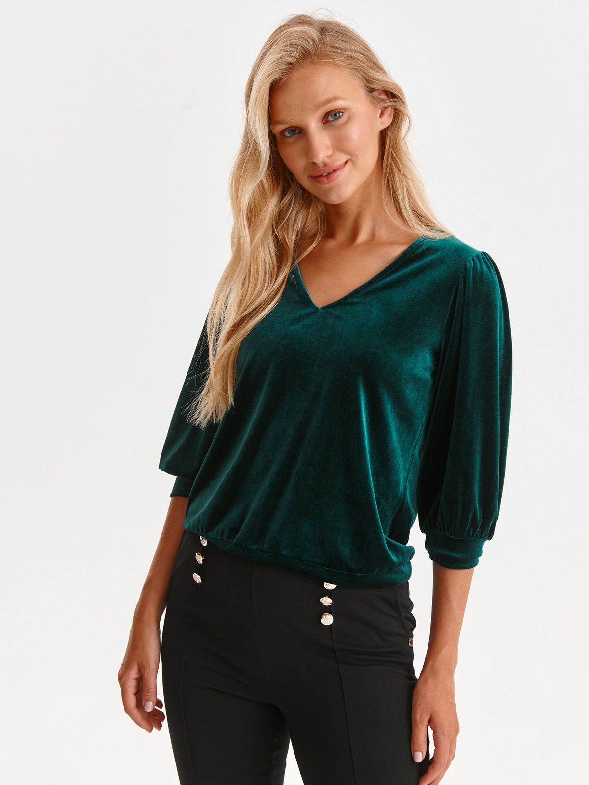 Green women`s blouse velvet loose fit with v-neckline