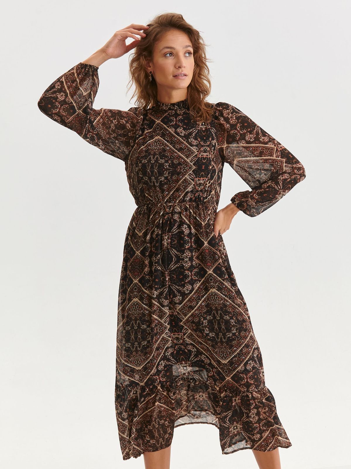 Rochie din georgette neagra pe gat in clos cu elastic in talie - Top Secret