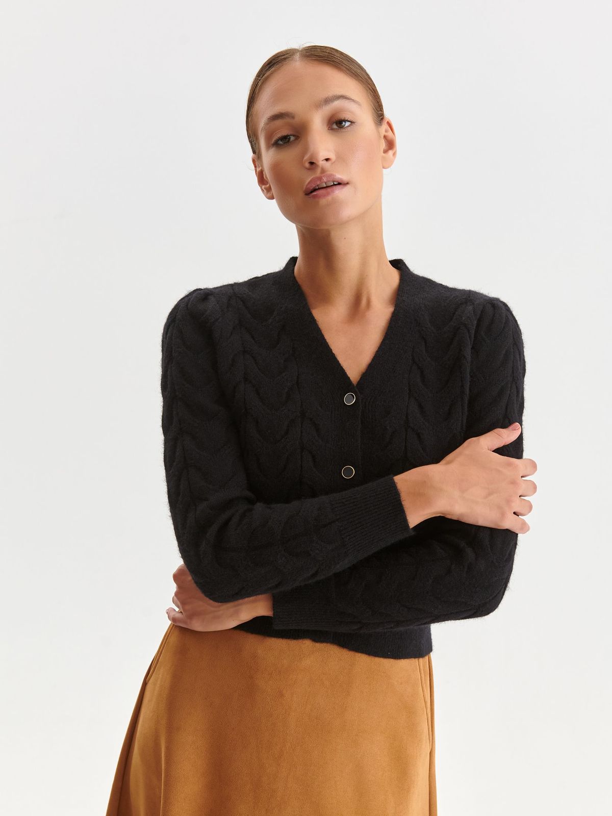 Black sweater knitted with v-neckline with buttons