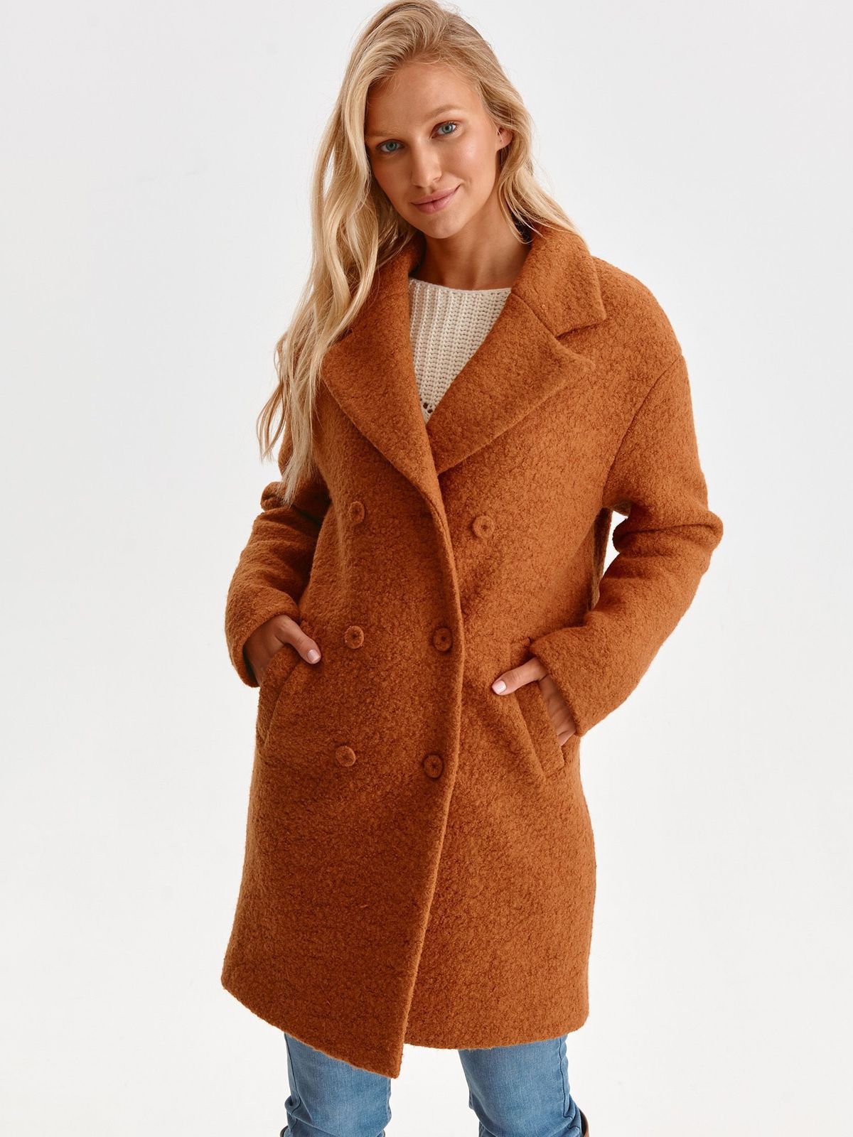 Brown coat from fluffy fabric with pockets straight