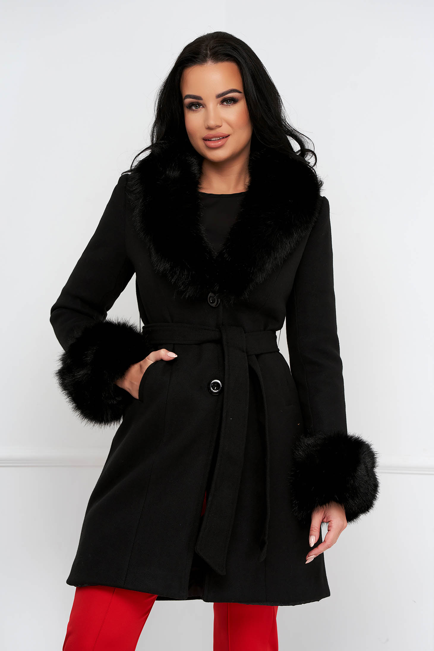 Black coat wool tented fur collar detachable collar