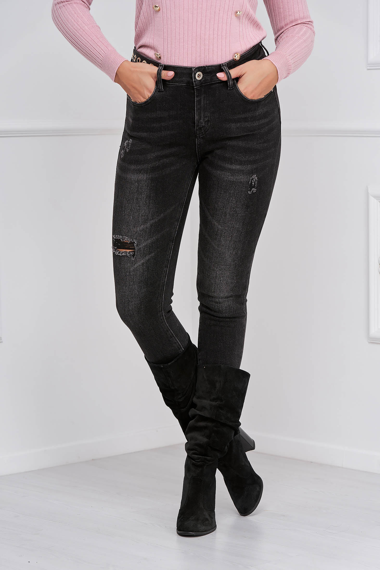 Black skinny jeans with pockets and small fabric tears - SunShine 1 - StarShinerS.com