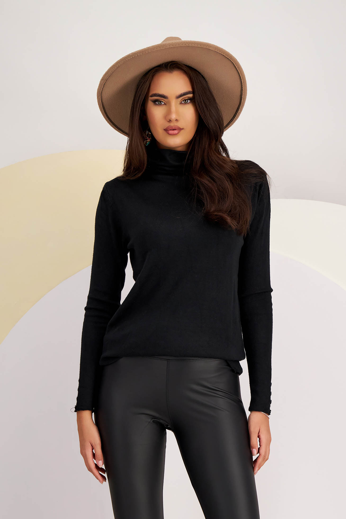 Black cotton sweater with loose fit and high collar - SunShine 1 - StarShinerS.com