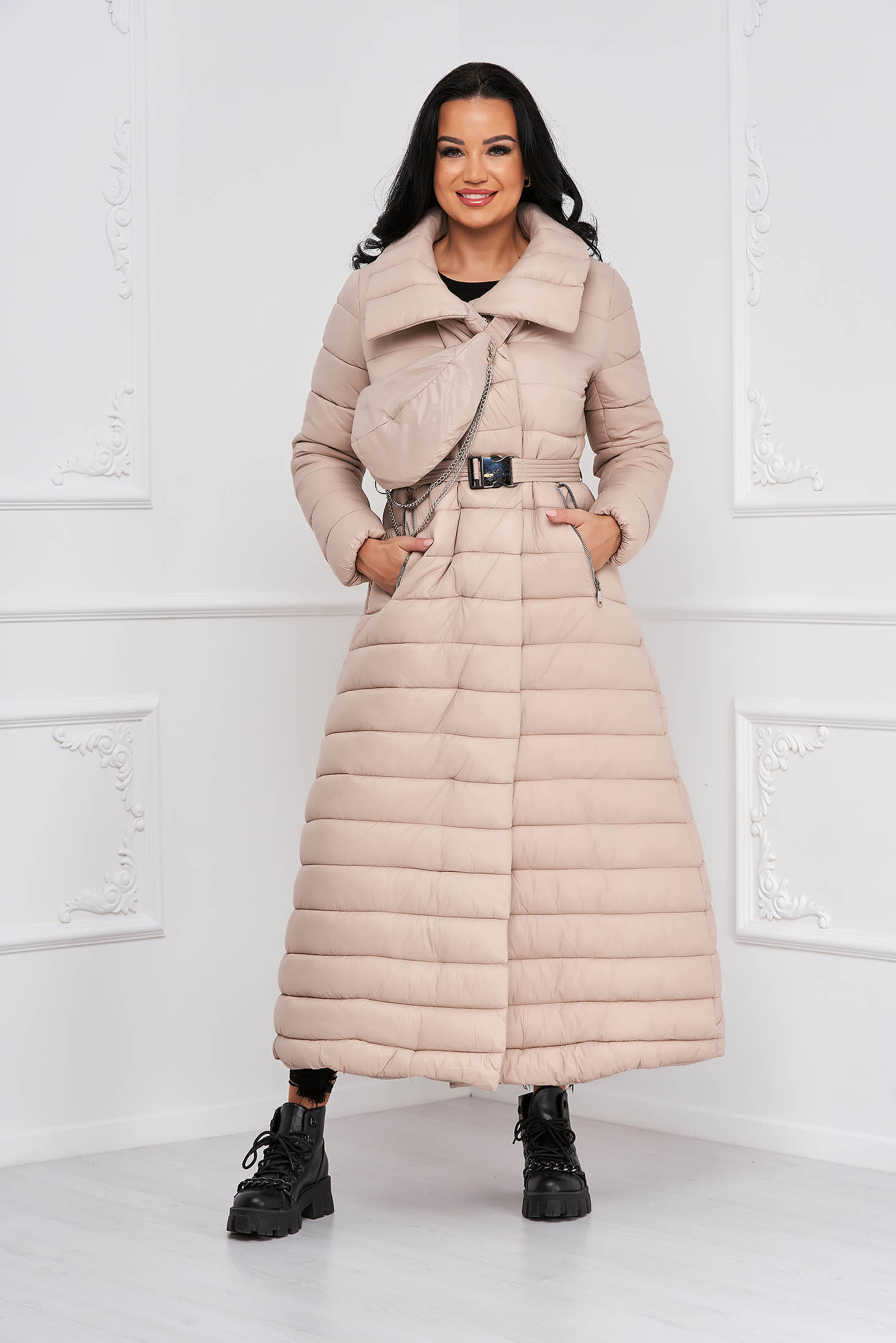 Beige jacket from slicker high collar purse