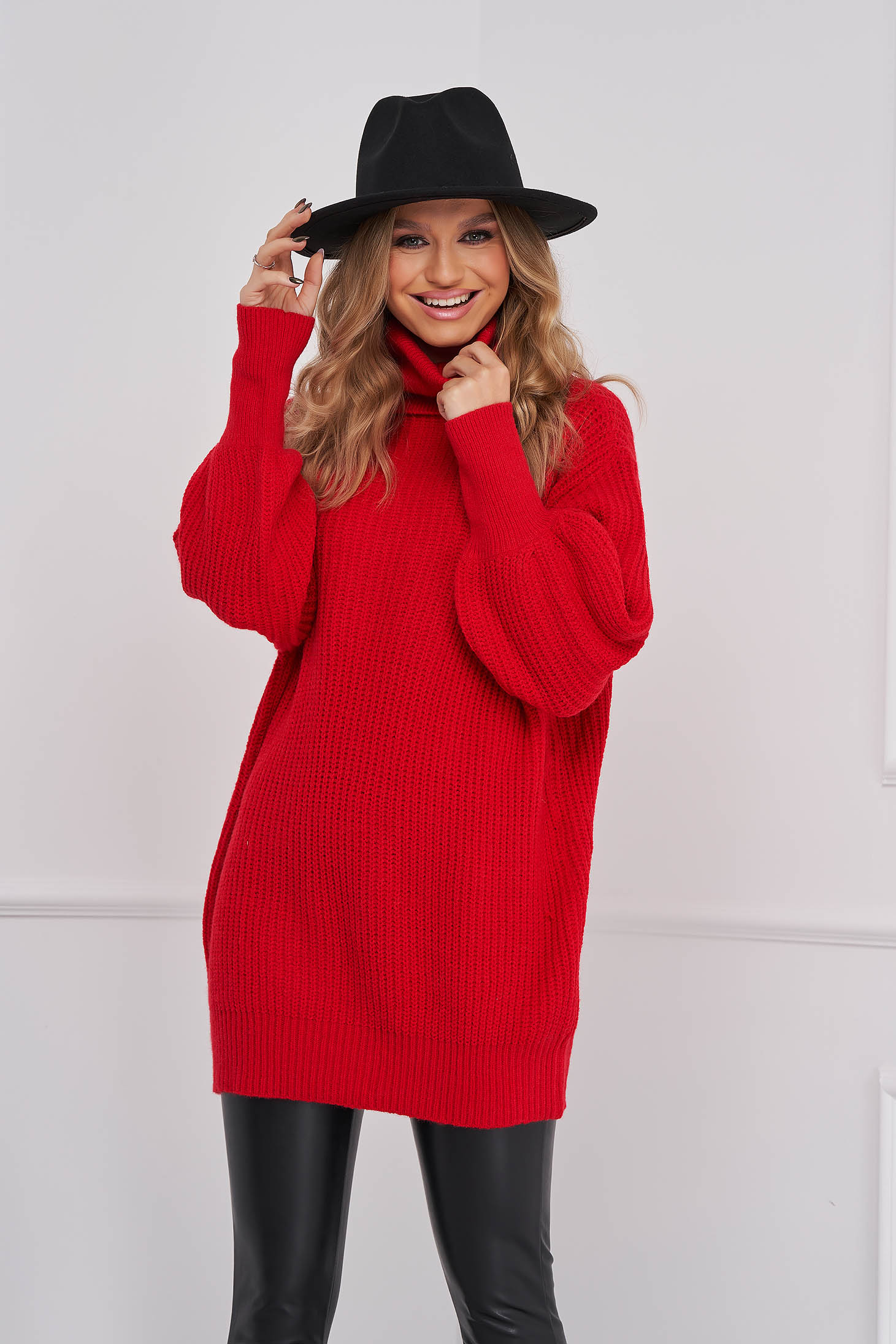 Red sweater knitted loose fit high collar