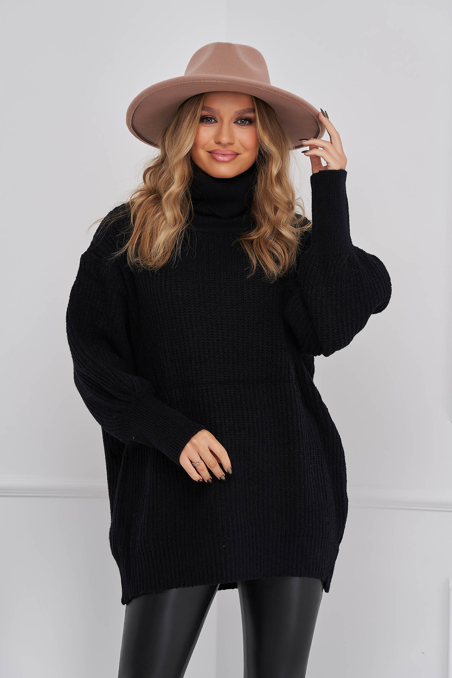 Black sweater knitted loose fit high collar