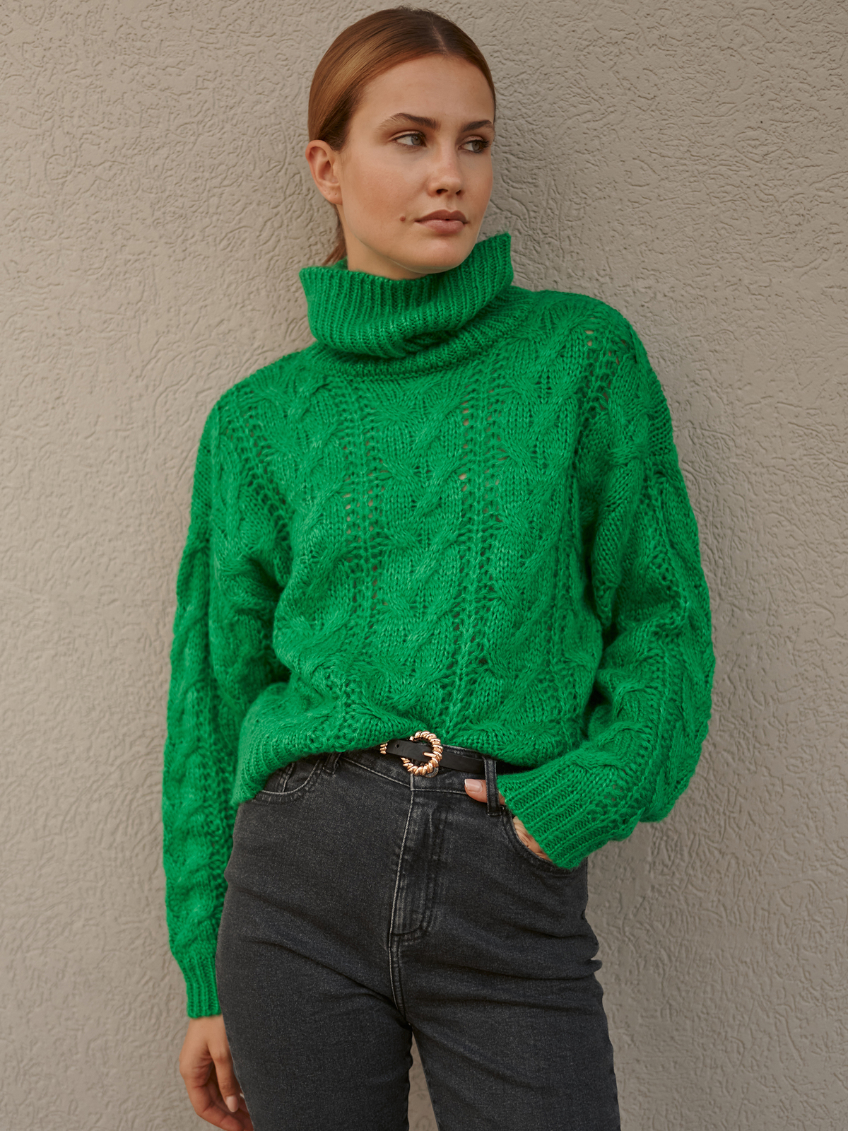 Pulover tricotat verde cu croi larg pe gat - Top Secret