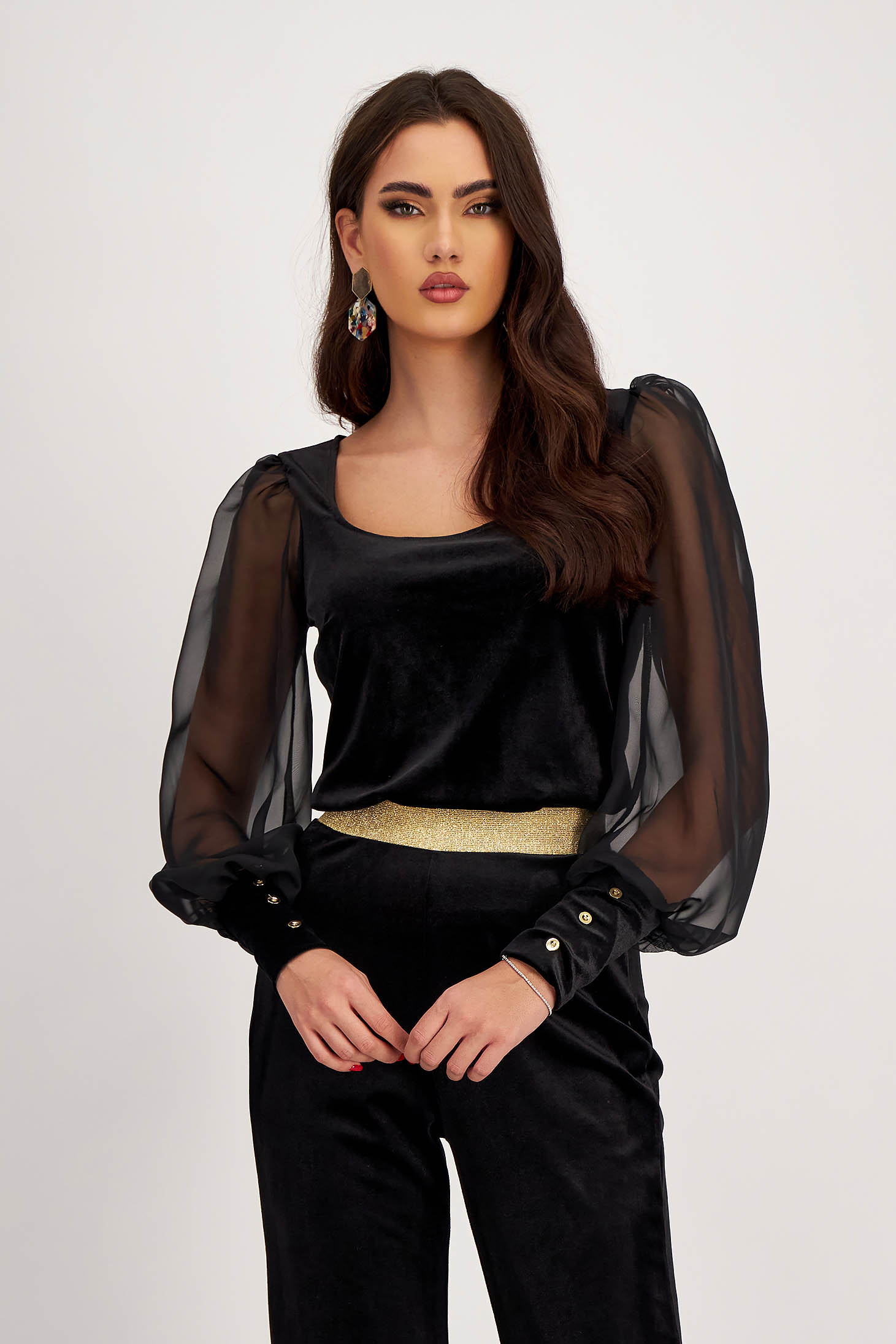 Women's Black Velvet Blouse with Puff Sleeves in Voile and Square Neckline - StarShinerS