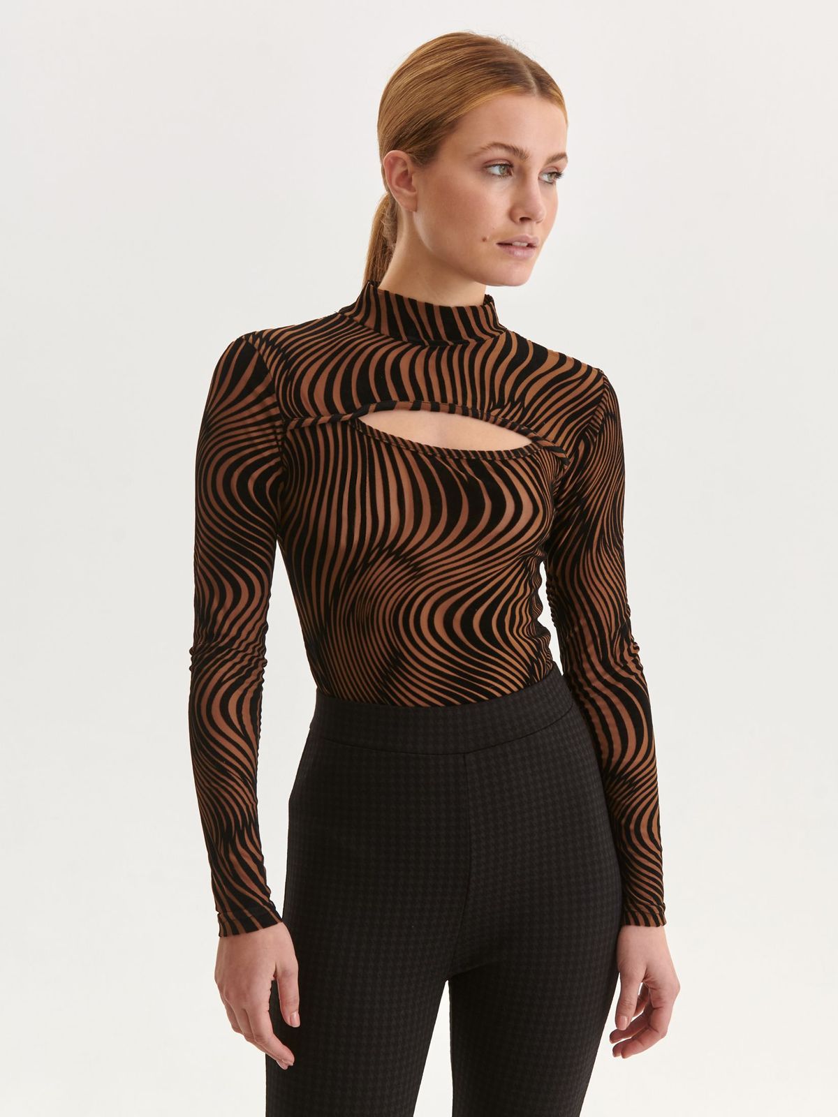 Brown sweater from elastic fabric with tented cut cut-out bust design