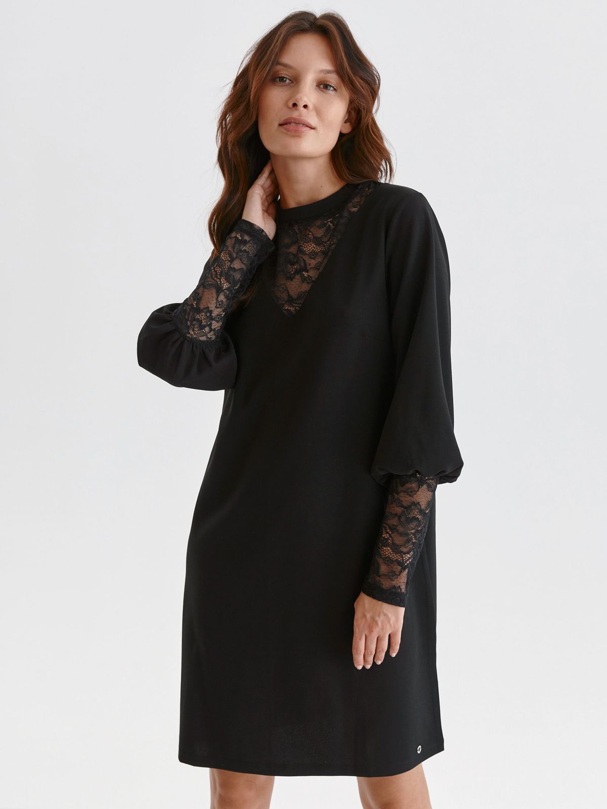 Rochie din material elastic si dantela neagra scurta cu croi in a si maneci bufante - Top Secret