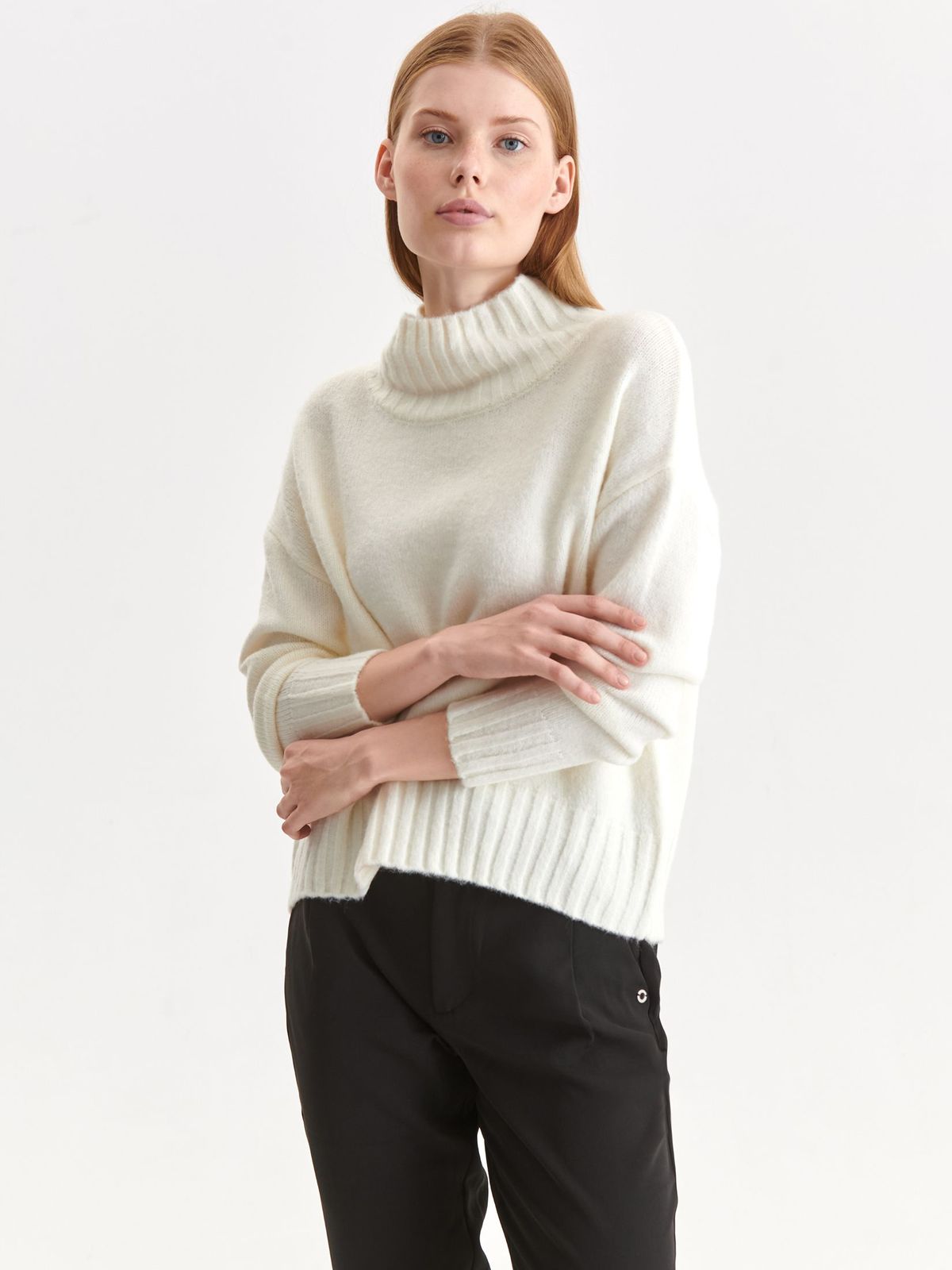 Ivory sweater knitted from fluffy fabric loose fit high collar
