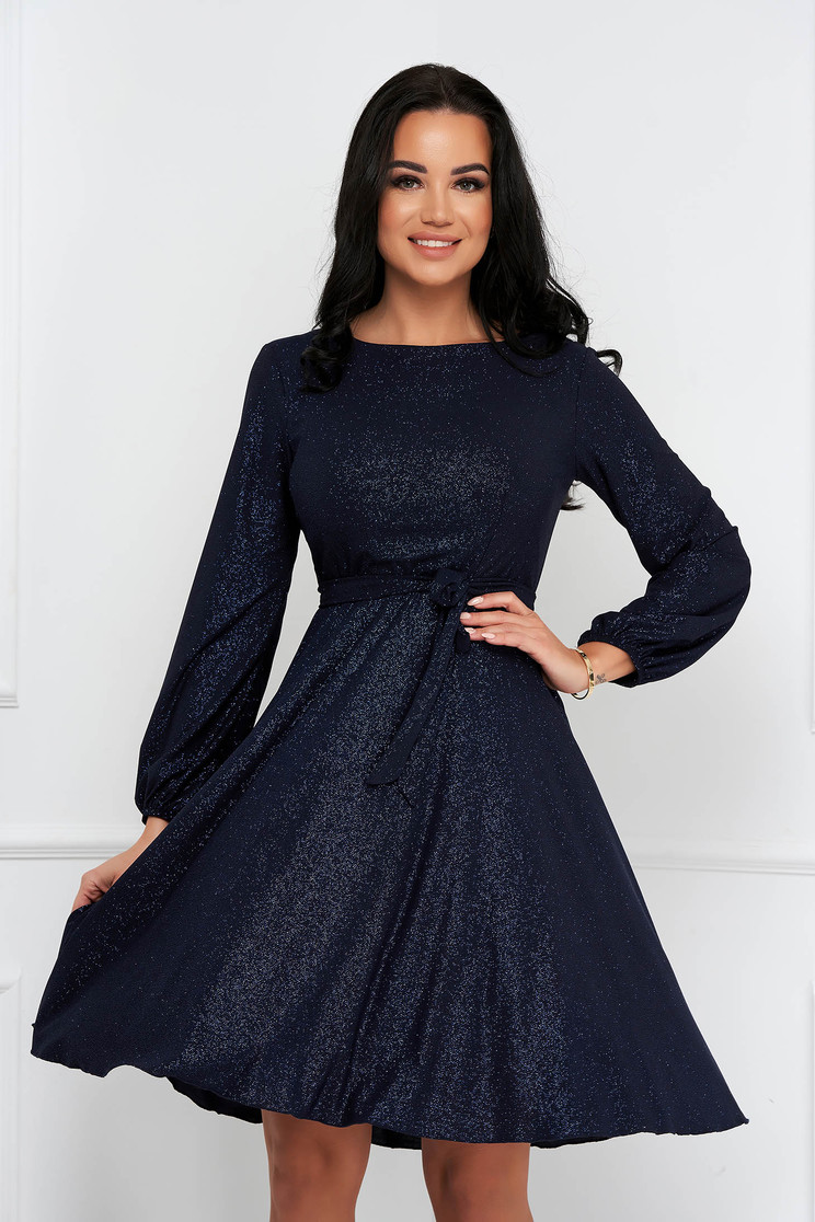 Dark blue dress georgette midi cloche with elastic waist with glitter details - StarShinerS