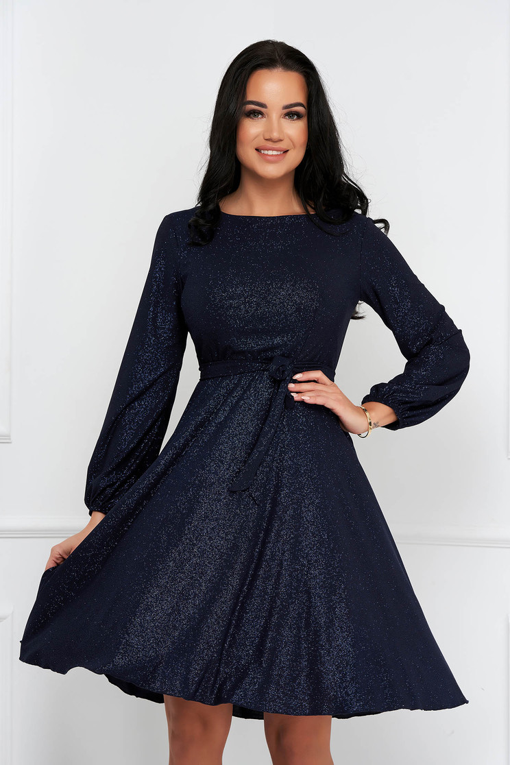 Rochie din georgette bleumarin midi in clos cu elastic in talie cu aplicatii cu sclipici - StarShinerS
