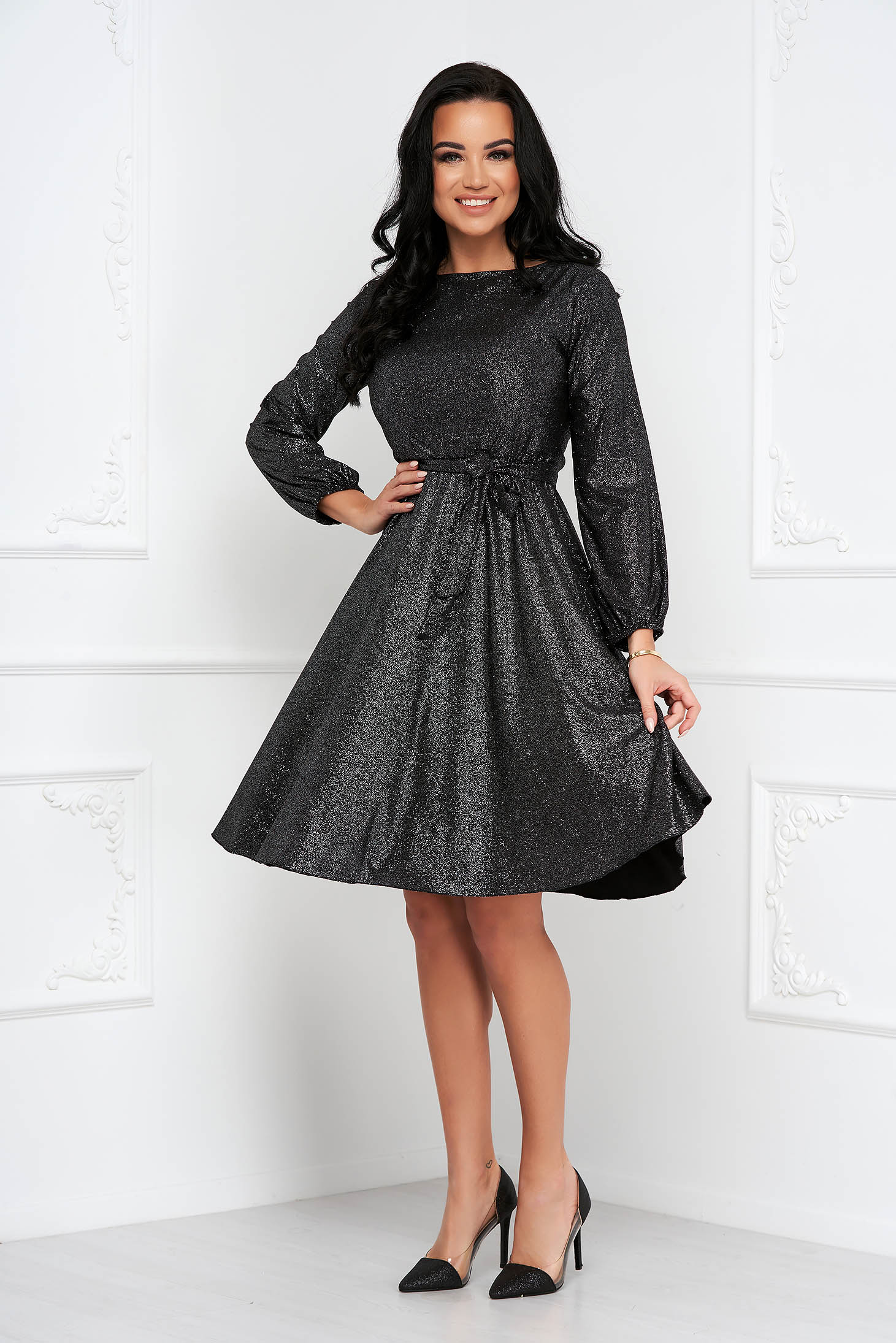 Silver dress georgette midi cloche with elastic waist with glitter details - StarShinerS