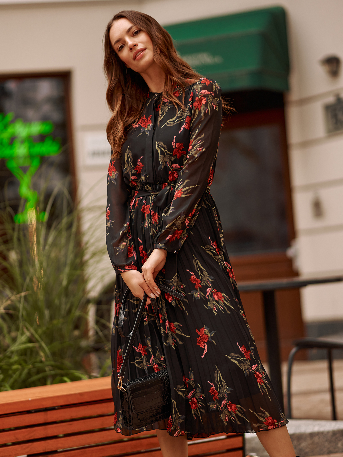 Dress from veil fabric pleated midi cloche with elastic waist