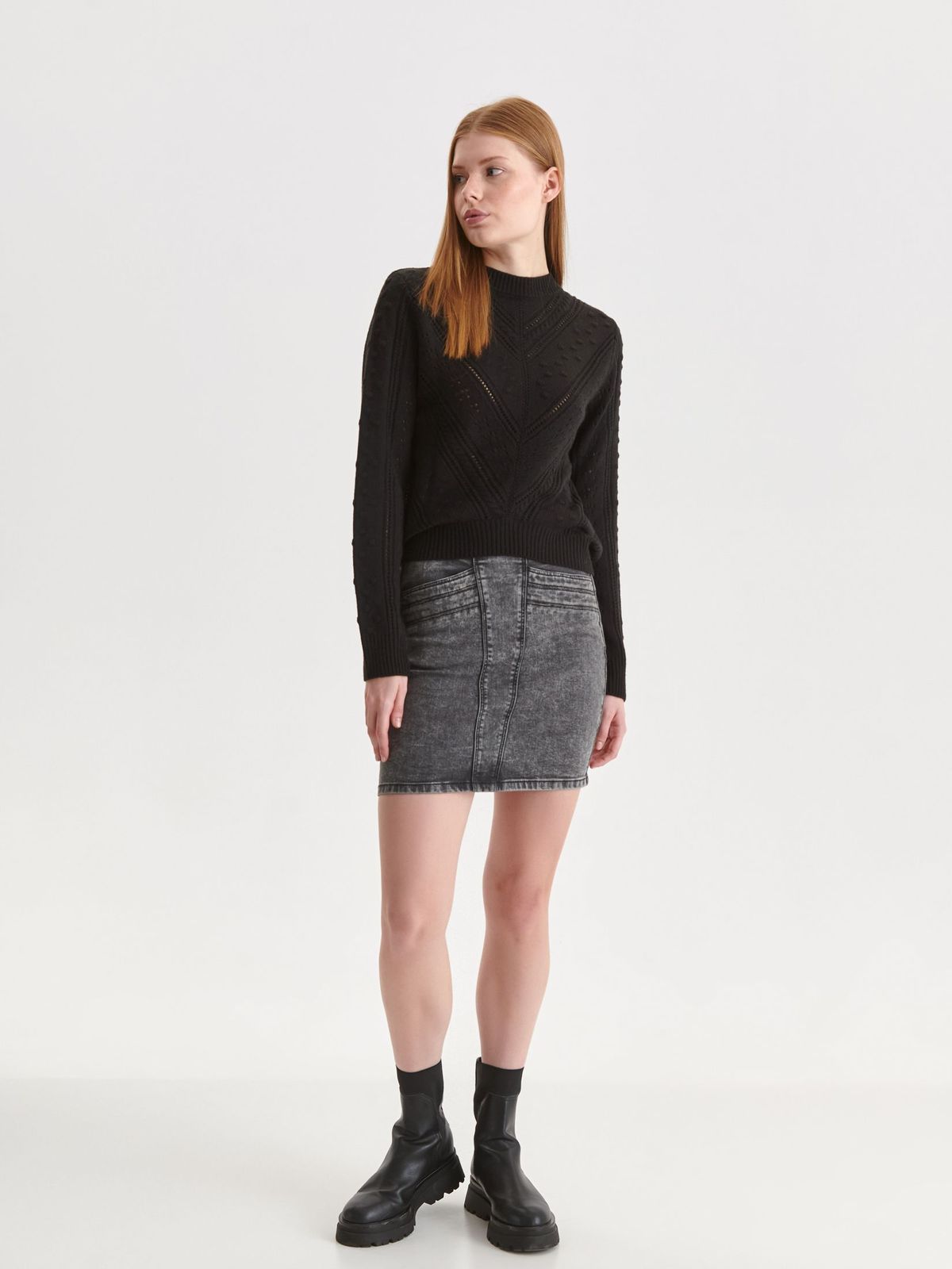 Pulover din tricot cu model crosetat negru cu croi larg - Top Secret