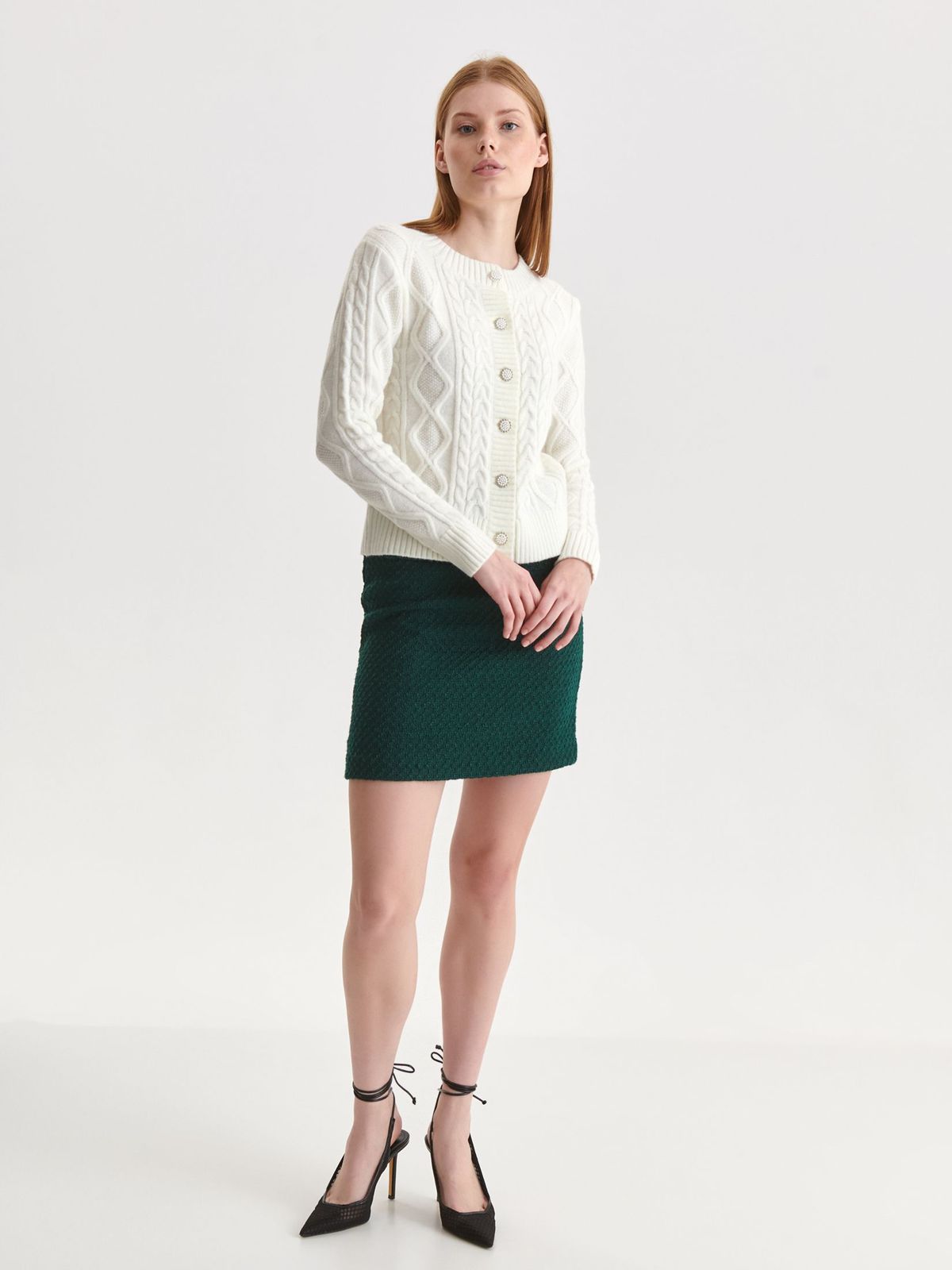 White cardigan knitted raised pattern with decorative buttons