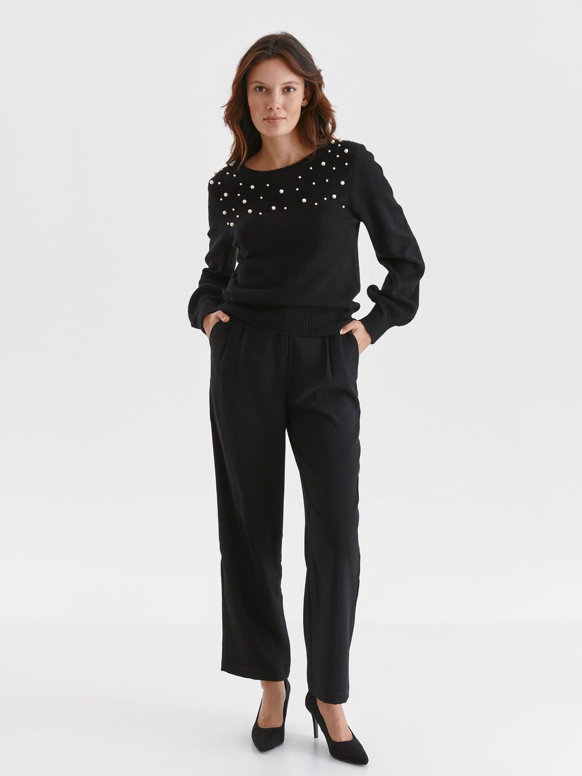 Black sweater knitted loose fit with pearls from soft fabric