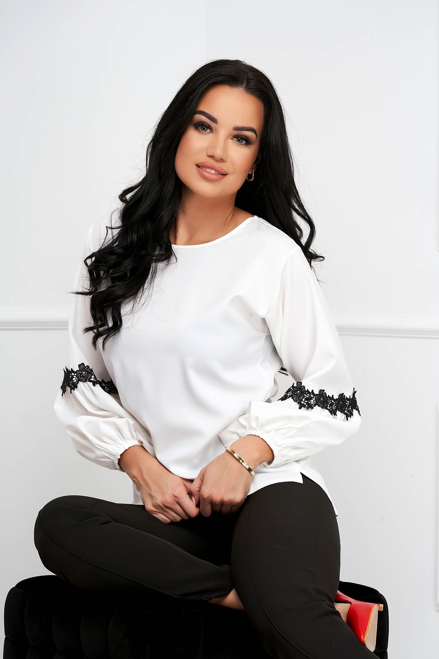 Ivory Georgette Ladies Blouse with Asymmetrical Design, Puff Sleeves, and Floral Embroidery - StarShinerS