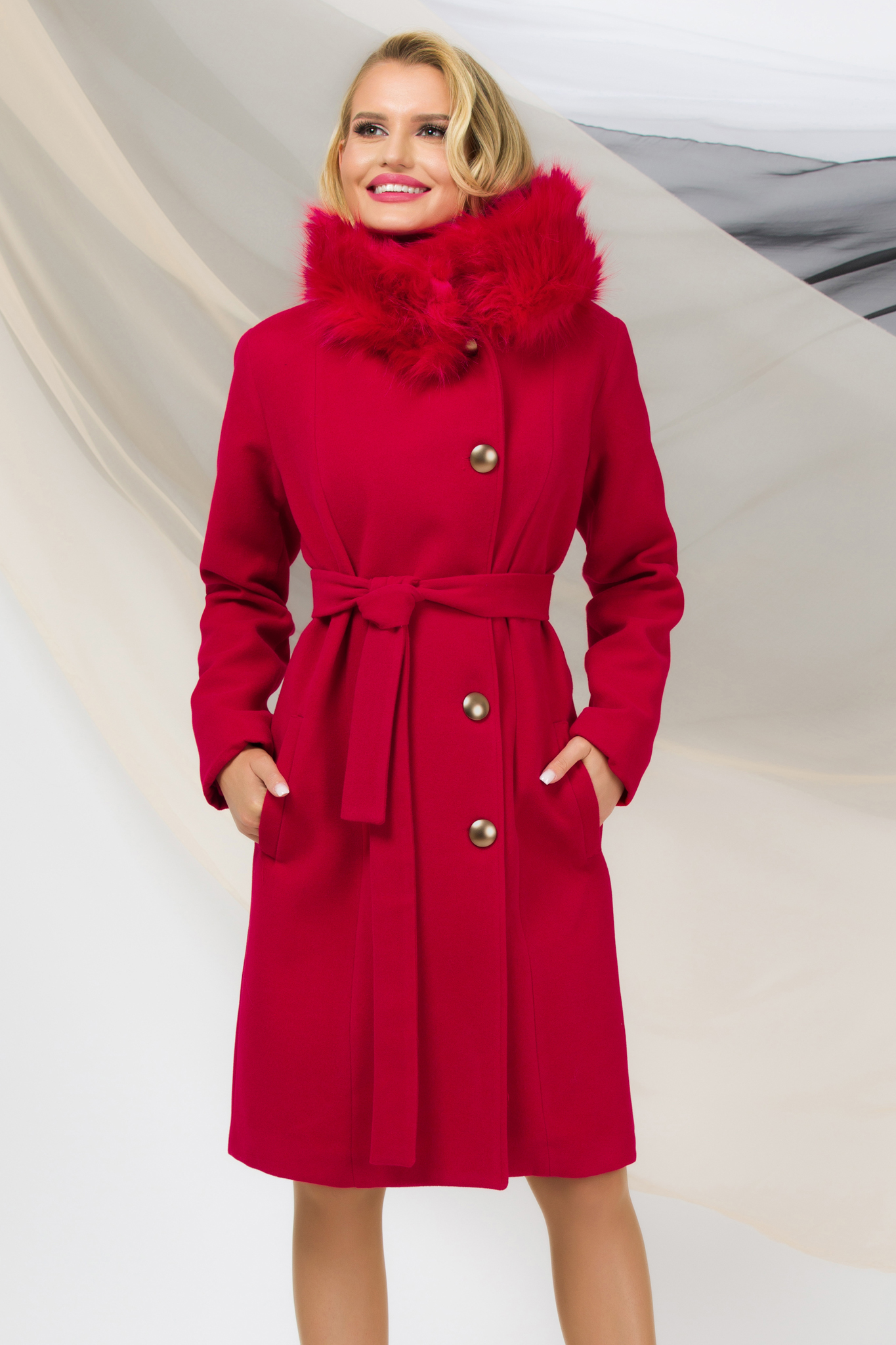 Red coat elastic cloth straight fur collar